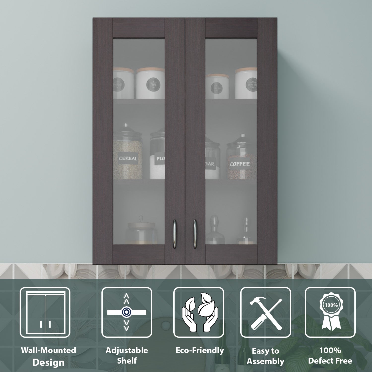 Traksha | Modular Kitchen | Wall Cabinet - 2 Glass Doors kitchen cabinet VIKI FURNITURE Wenge