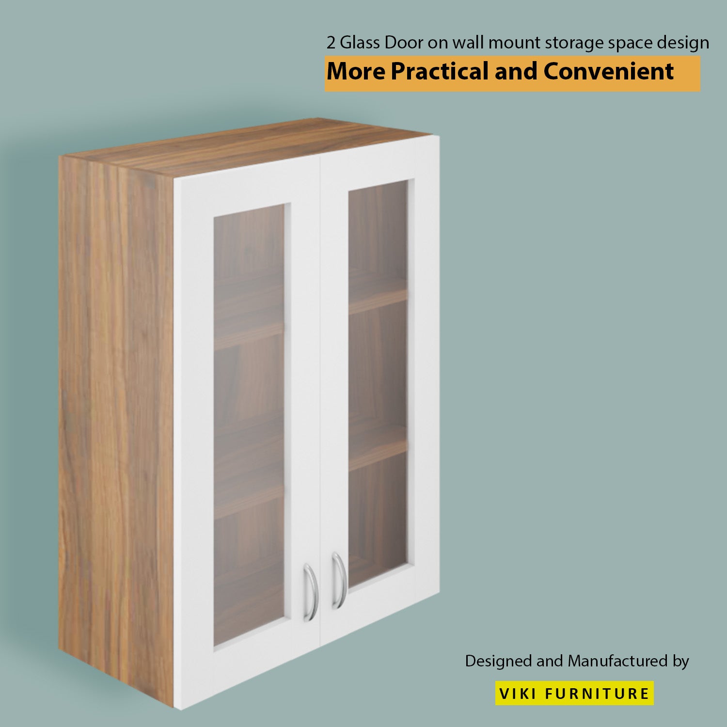 Multipurpose Wall Mounted Cabinet with Glass 2 Doors kitchen cabinet VIKI FURNITURE 2 Doors White and Walnut Glass Swinng