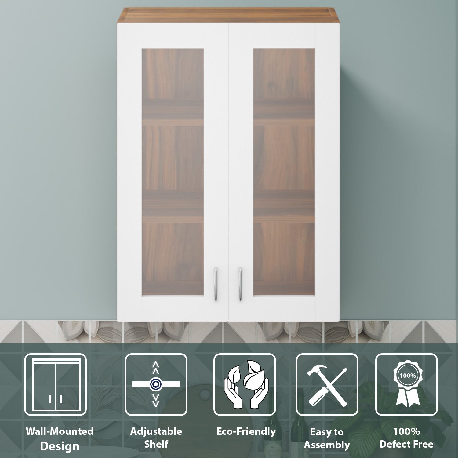 Traksha | Modular Kitchen | Wall Cabinet - 2 Glass Doors kitchen cabinet VIKI FURNITURE White & Walnut