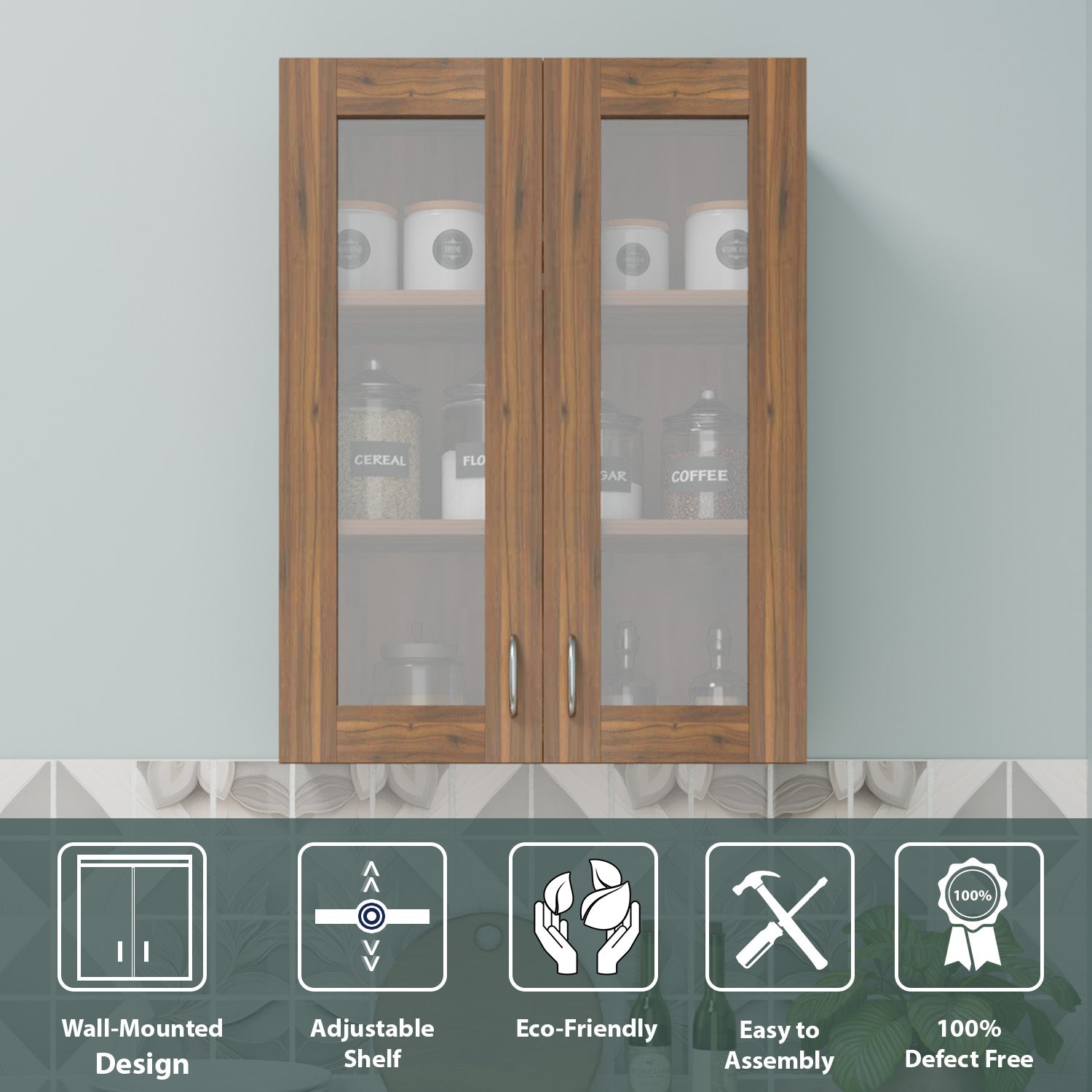 Traksha | Modular Kitchen | Wall Cabinet - 2 Glass Doors kitchen cabinet VIKI FURNITURE Walnut