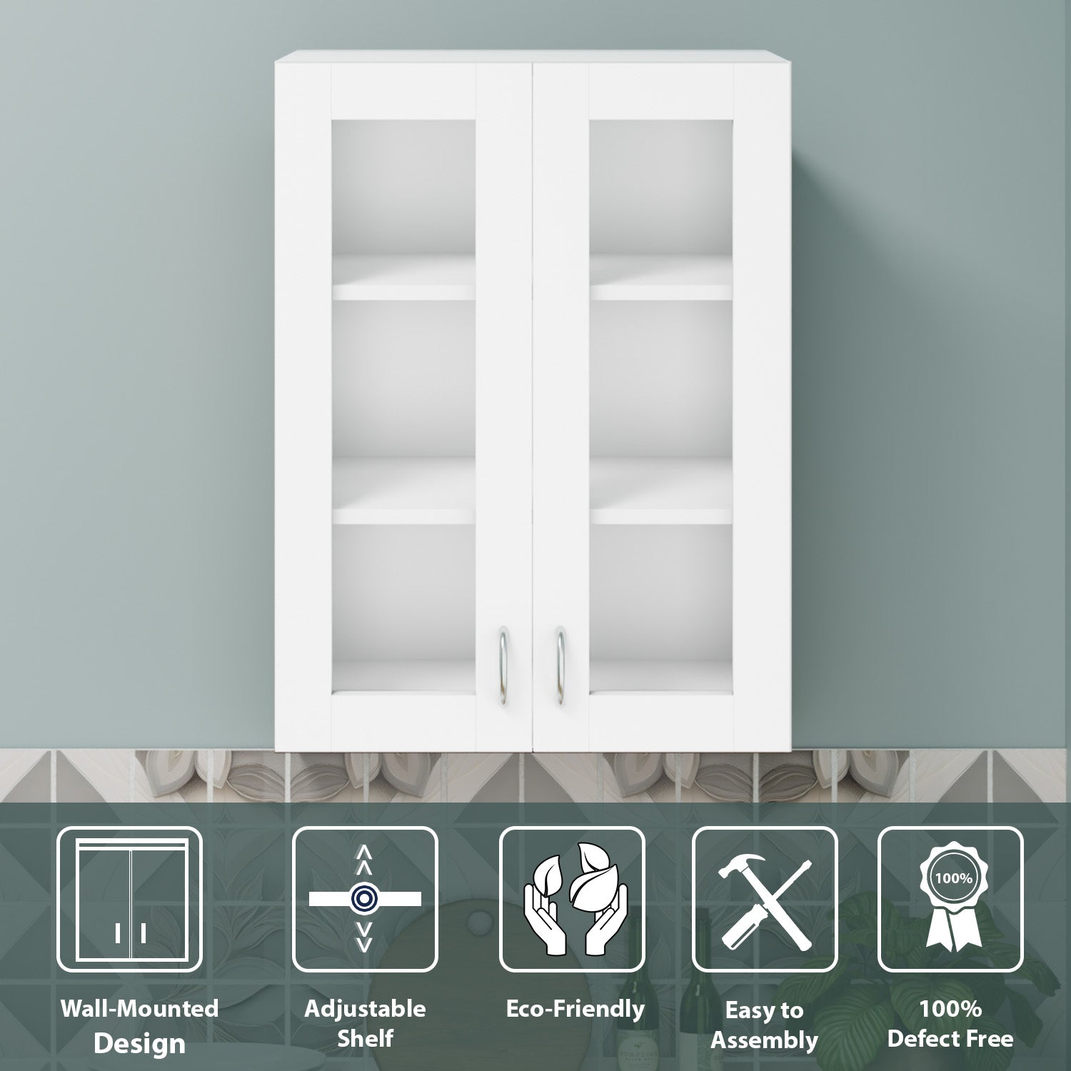 Traksha | Modular Kitchen | Wall Cabinet - 2 Glass Doors kitchen cabinet VIKI FURNITURE White