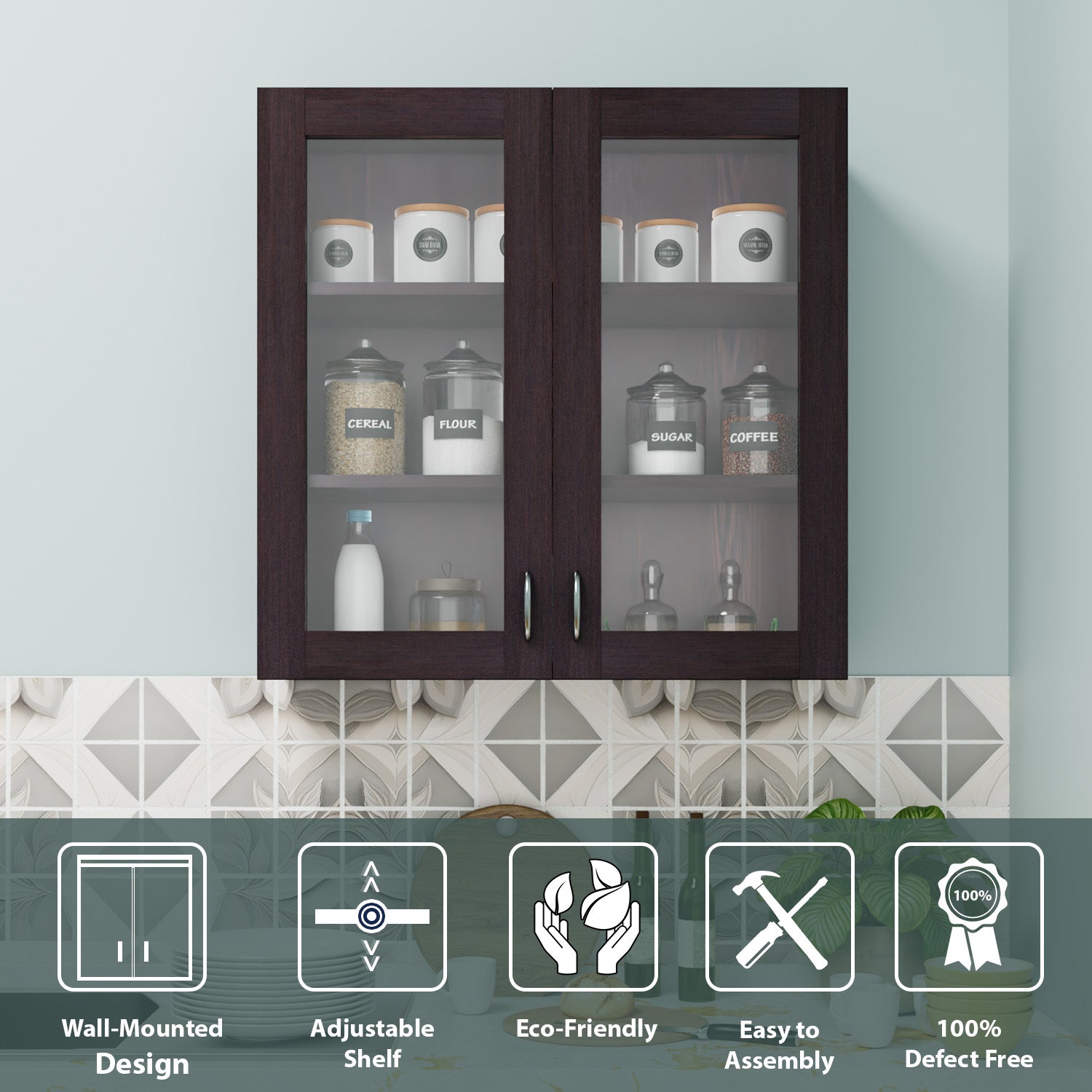 Traksha | Modular Kitchen | Wall Cabinet - 2 Glass Doors kitchen cabinet VIKI FURNITURE Wenge