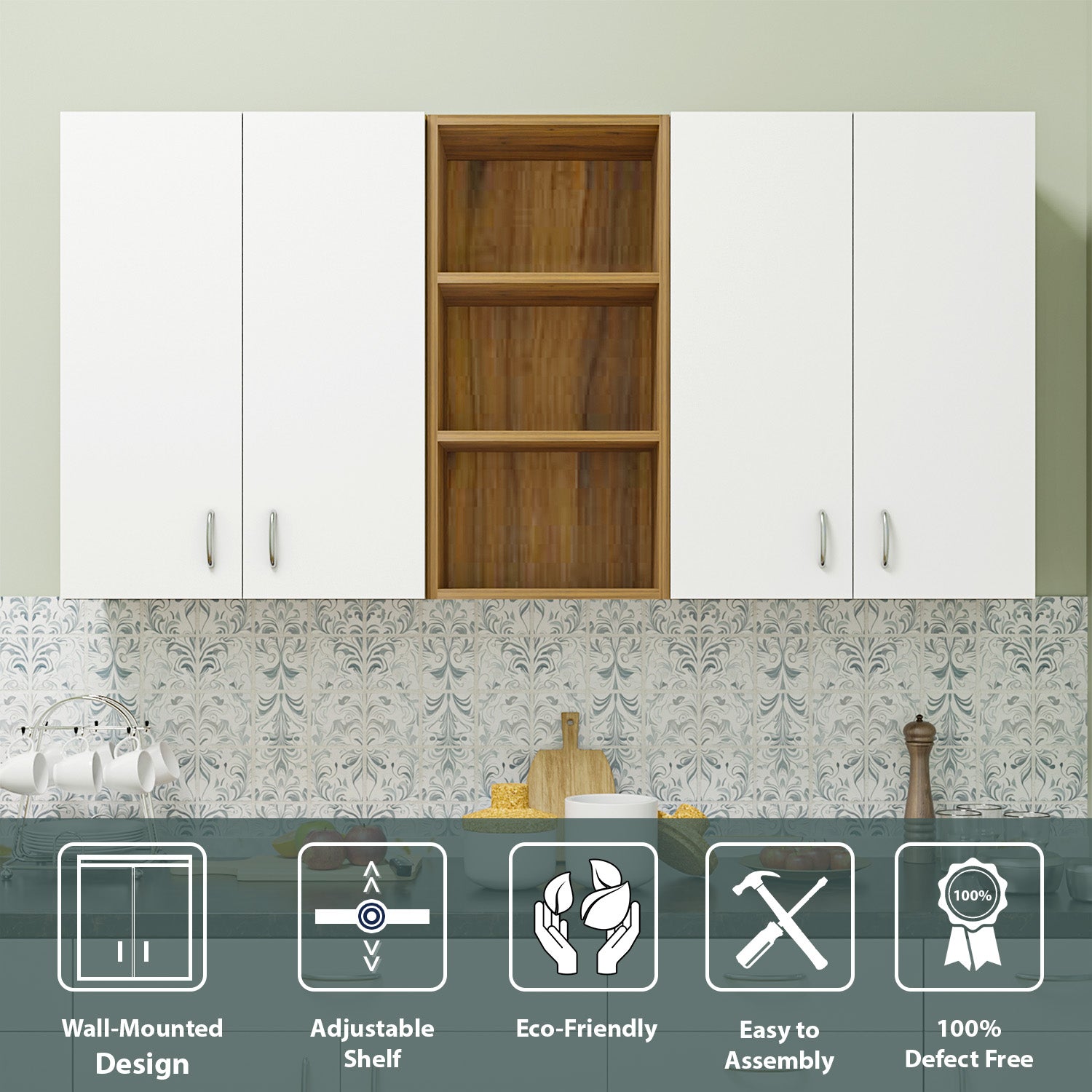 Multipurpose Wall Mounted Cabinet with 4 Doors kitchen cabinet VIKI FURNITURE 4 Doors with Open Shelf White and Walnut Wooden Swinng