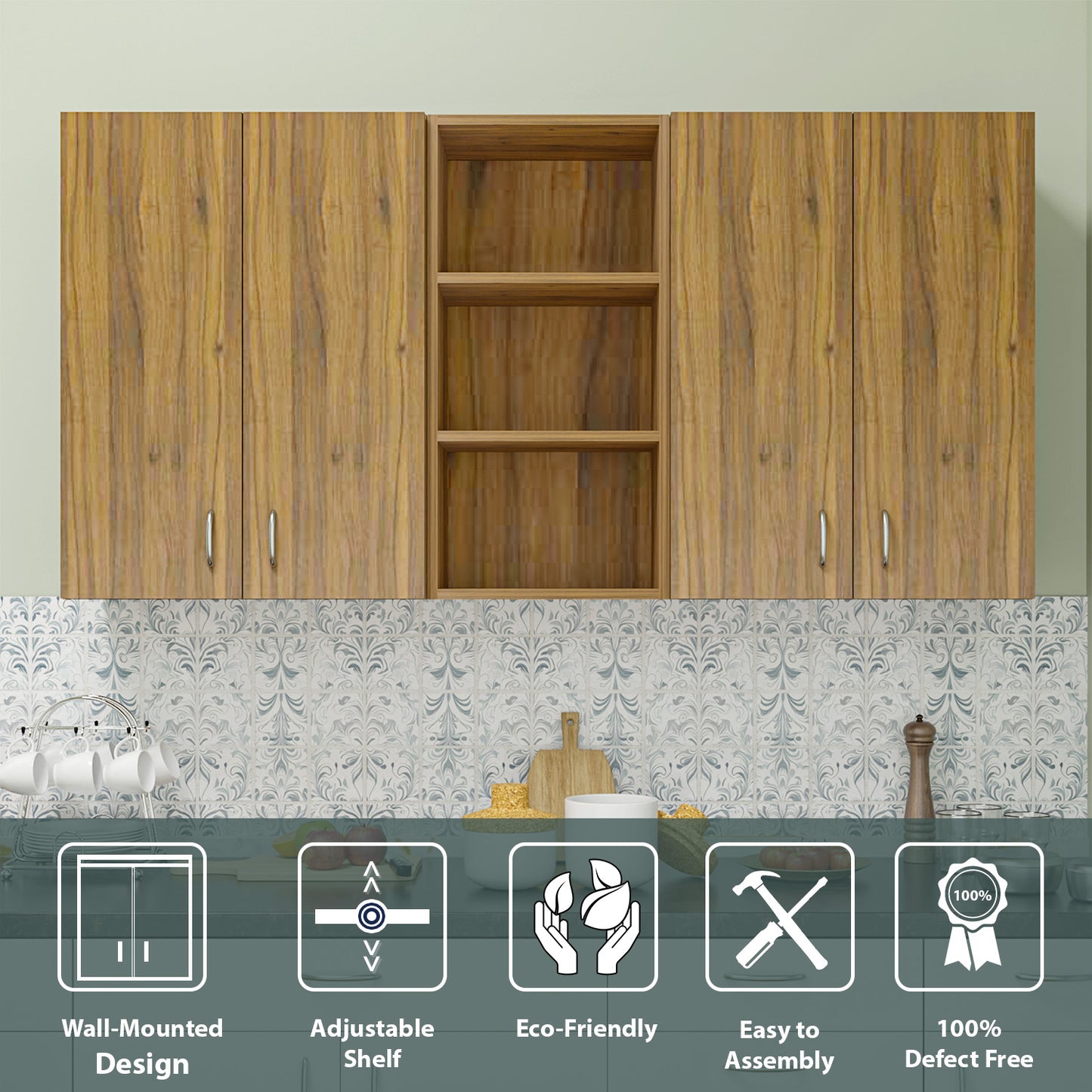 VIKI | Multipurpose Wall Mounted Cabinet with 4 Doors | Storage Solution for Kitchen, Bedroom, Office & Living Room kitchen cabinet VIKI FURNITURE 4 Doors with Open Shelf Walnut Wooden Swinng