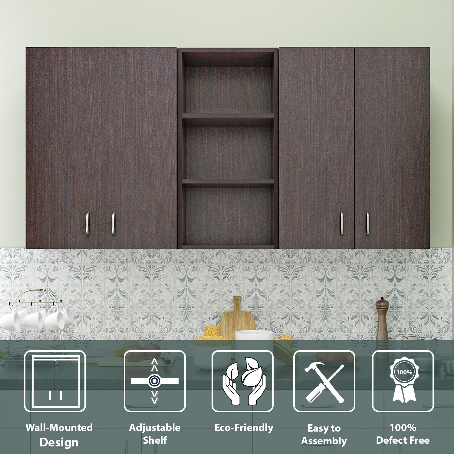 Multipurpose Wall Mounted Cabinet with 4 Doors kitchen cabinet VIKI FURNITURE 4 Doors with Open Shelf Wenge Wooden Swinng