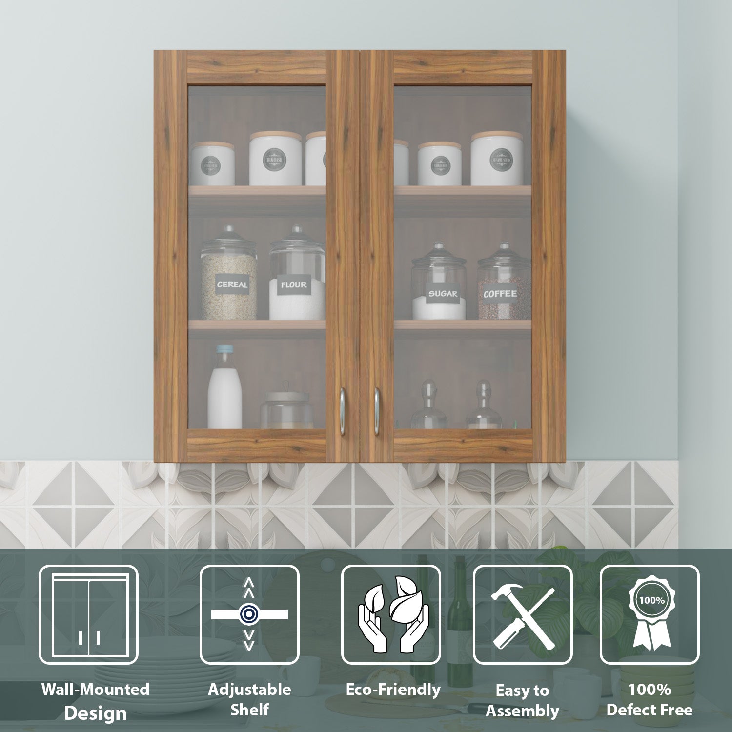 Traksha | Modular Kitchen | Wall Cabinet - 2 Glass Doors kitchen cabinet VIKI FURNITURE Walnut