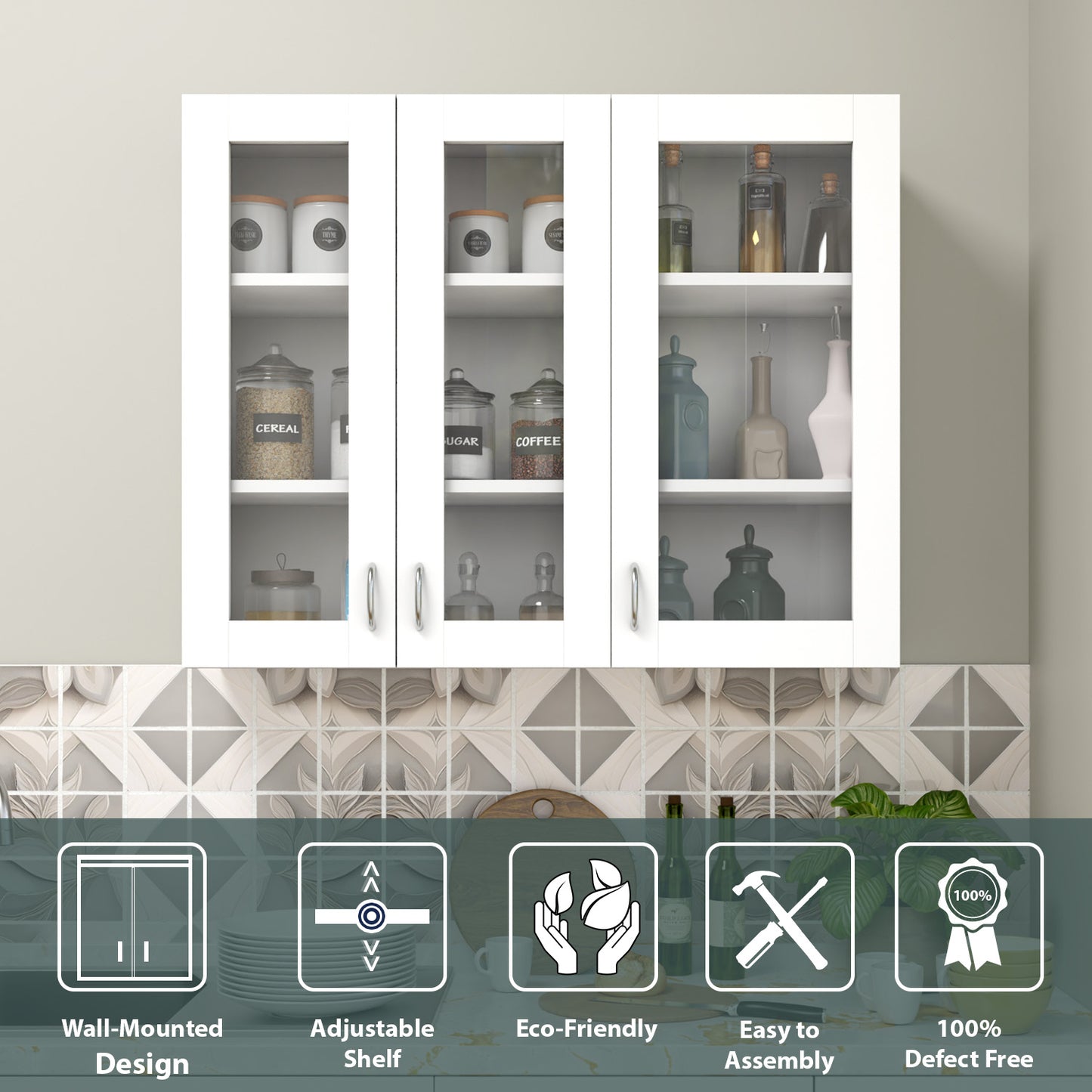 VIKI | Multipurpose Wall Mounted Cabinet with 3 Doors | Storage Solution for Kitchen, Bedroom, Office & Living Room kitchen cabinet VIKI FURNITURE 3 Doors (Medium) White Glass Swinng