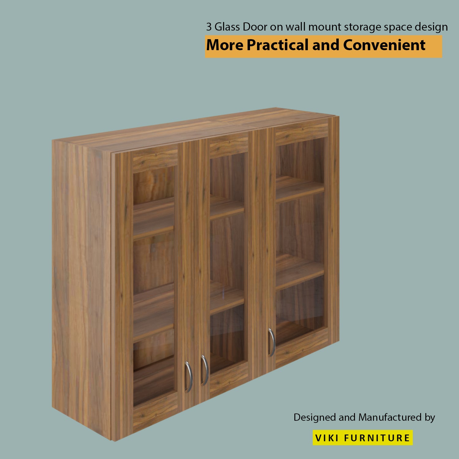 Traksha | Modular Kitchen | Wall Cabinet - 3 Glass Doors kitchen cabinet VIKI FURNITURE Walnut