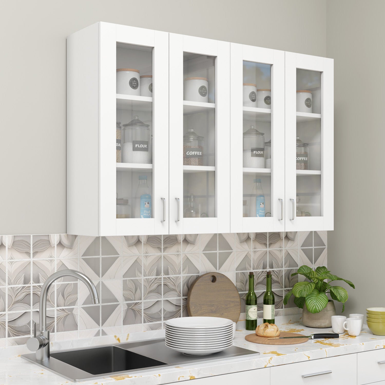 Traksha | Modular Kitchen | Wall Cabinet - 4 Glass Doors kitchen cabinet VIKI FURNITURE White