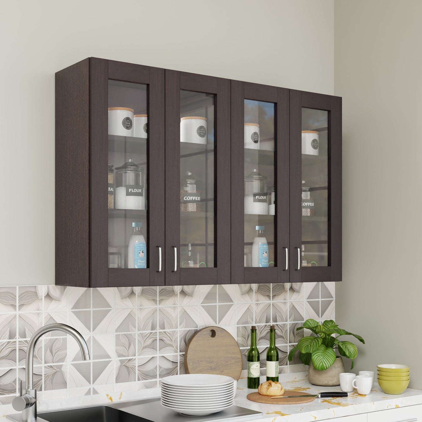 VIKI | Multipurpose Wall Mounted Cabinet with 4 Doors | Storage Solution for Kitchen, Bedroom, Office & Living Room kitchen cabinet VIKI FURNITURE 4 Doors Wenge Glass Swinng