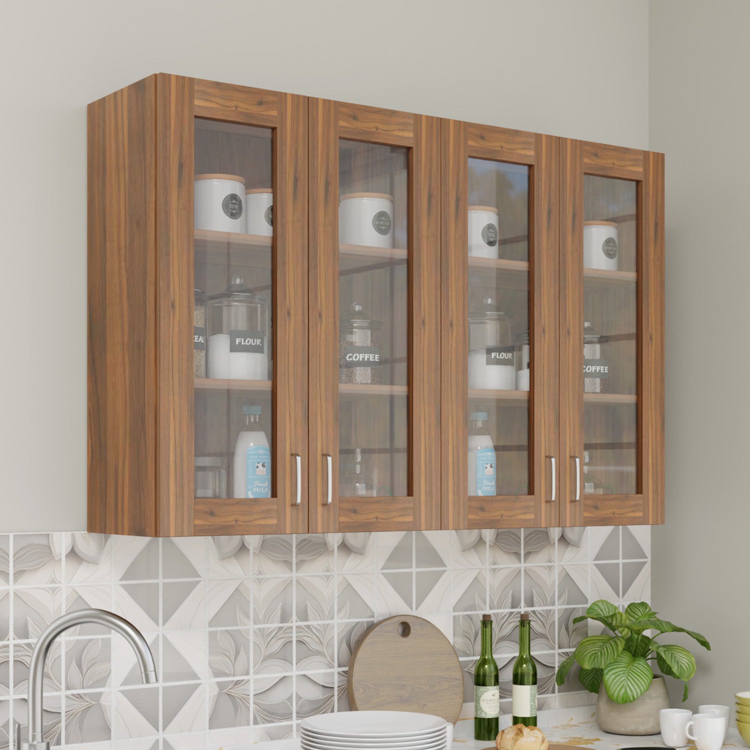 Traksha | Modular Kitchen | Wall Cabinet - 4 Glass Doors kitchen cabinet VIKI FURNITURE Walnut