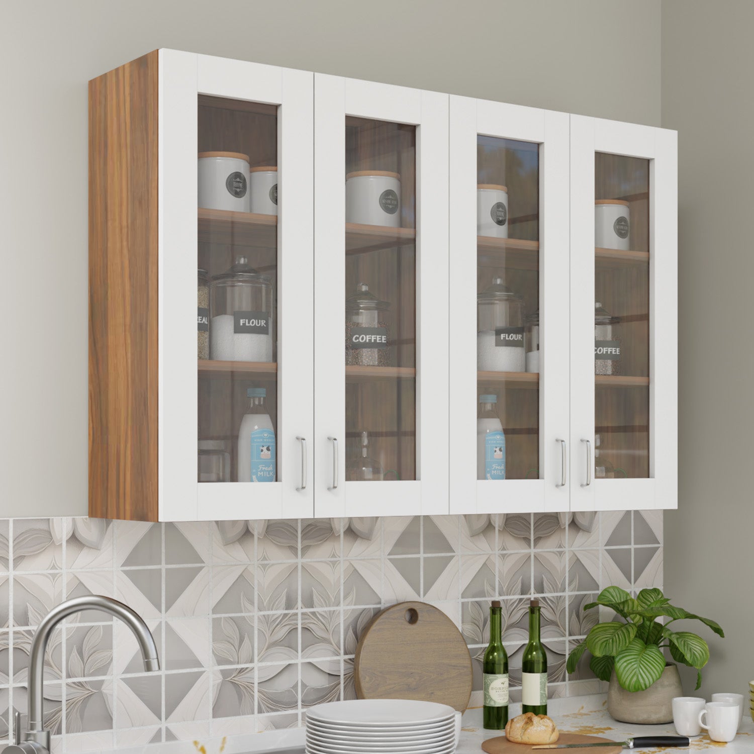 Traksha | Modular Kitchen | Wall Cabinet - 4 Glass Doors kitchen cabinet VIKI FURNITURE White & Walnut