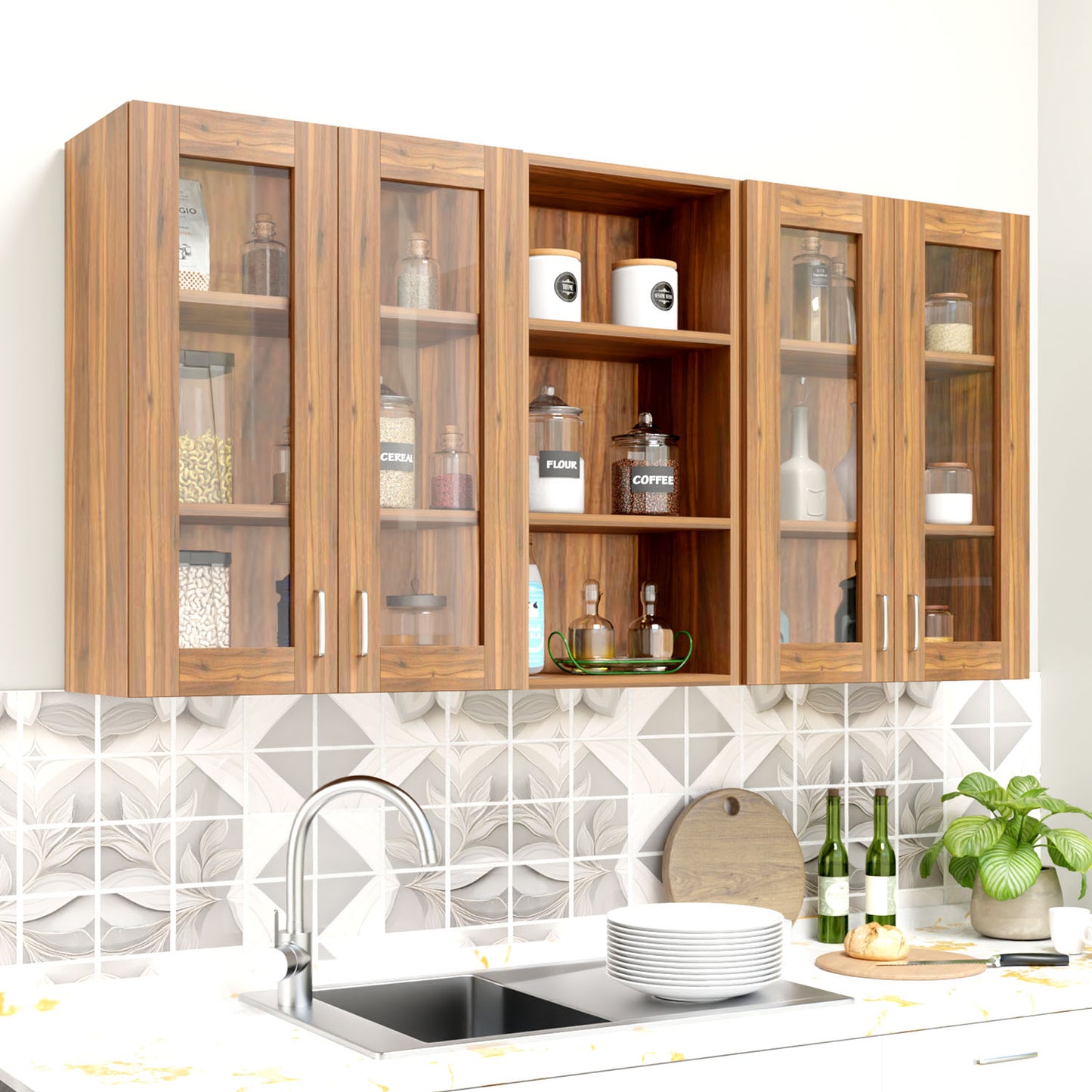 VIKI | Multipurpose Wall Mounted Cabinet with 4 Doors | Storage Solution for Kitchen, Bedroom, Office & Living Room kitchen cabinet VIKI FURNITURE 4 Doors with Open Shelf Walnut Glass Swinng