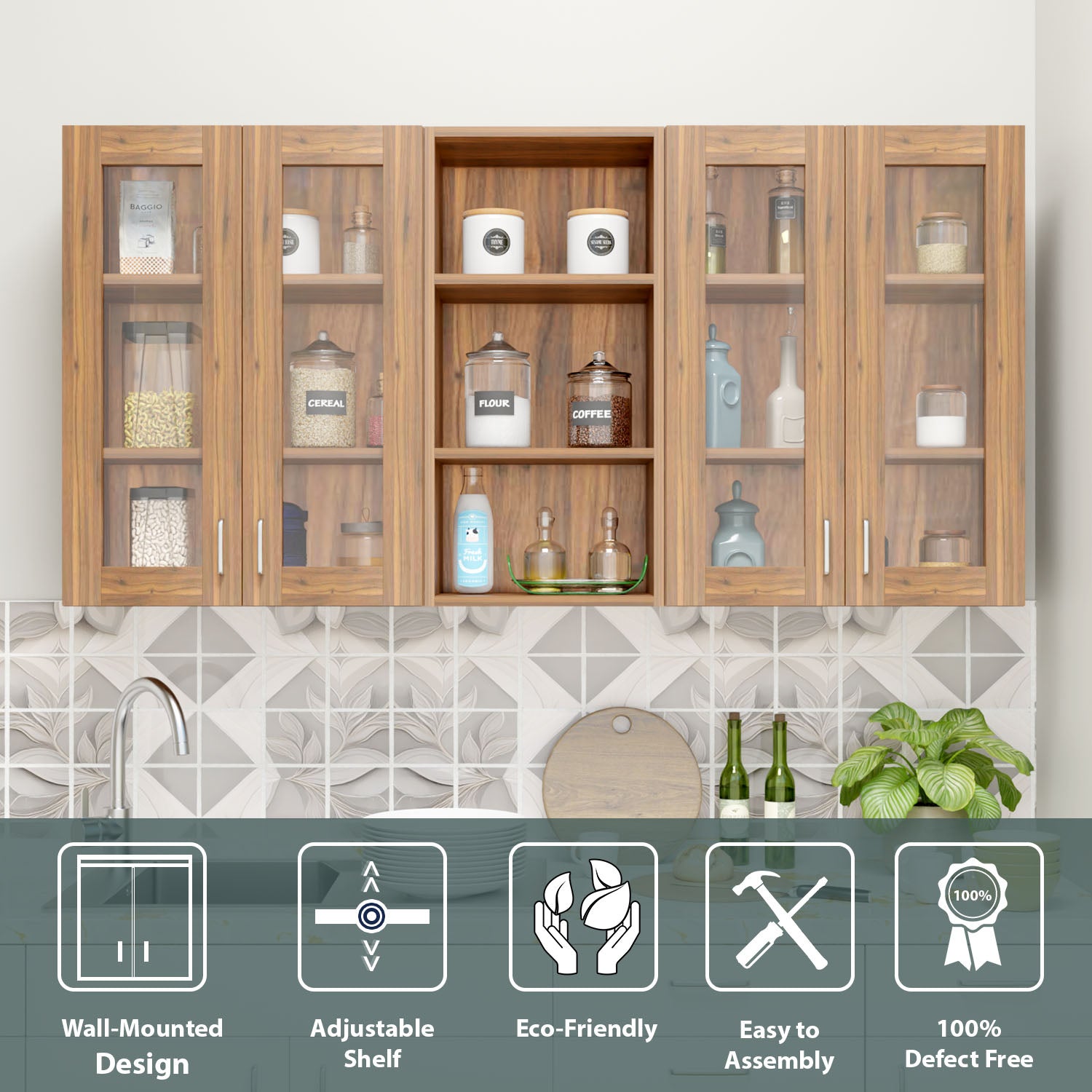 Traksha | Modular Kitchen | Wall Cabinet - 4 Glass Doors with Open Shelf kitchen cabinet VIKI FURNITURE