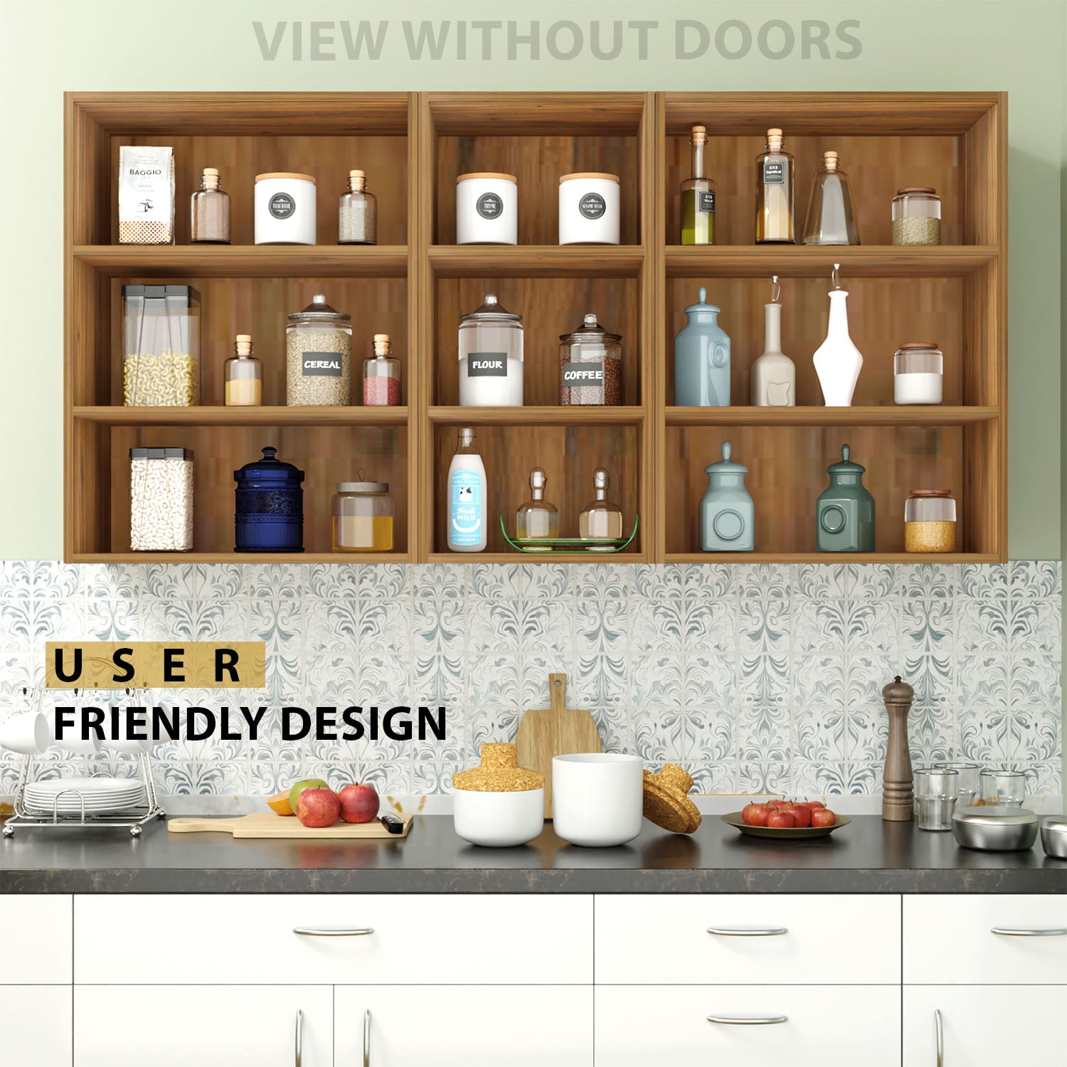 Traksha | Modular Kitchen | Wall Cabinet - 4 Glass Doors with Open Shelf kitchen cabinet VIKI FURNITURE