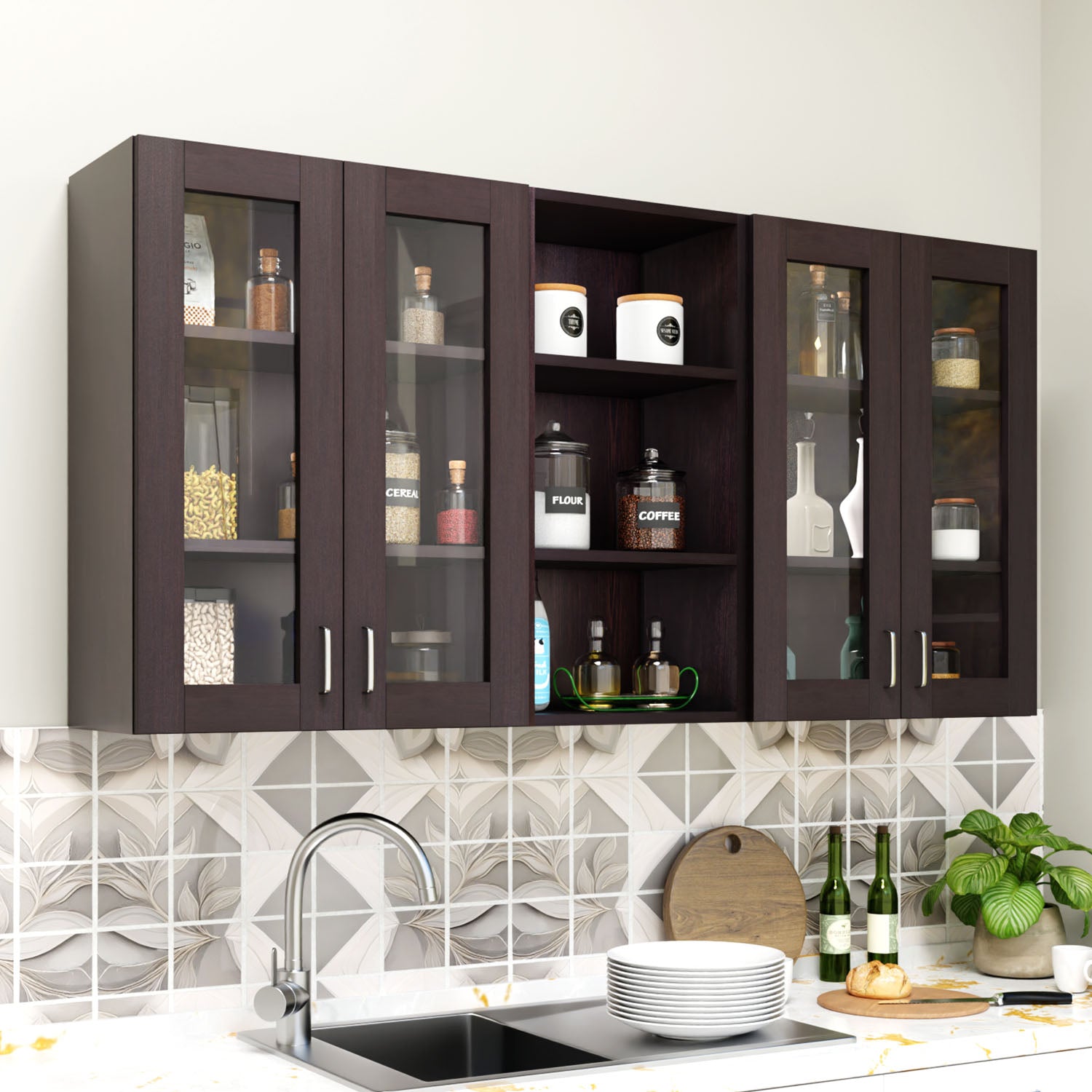 Traksha | Modular Kitchen | Wall Cabinet - 4 Glass Doors with Open Shelf kitchen cabinet VIKI FURNITURE Wenge