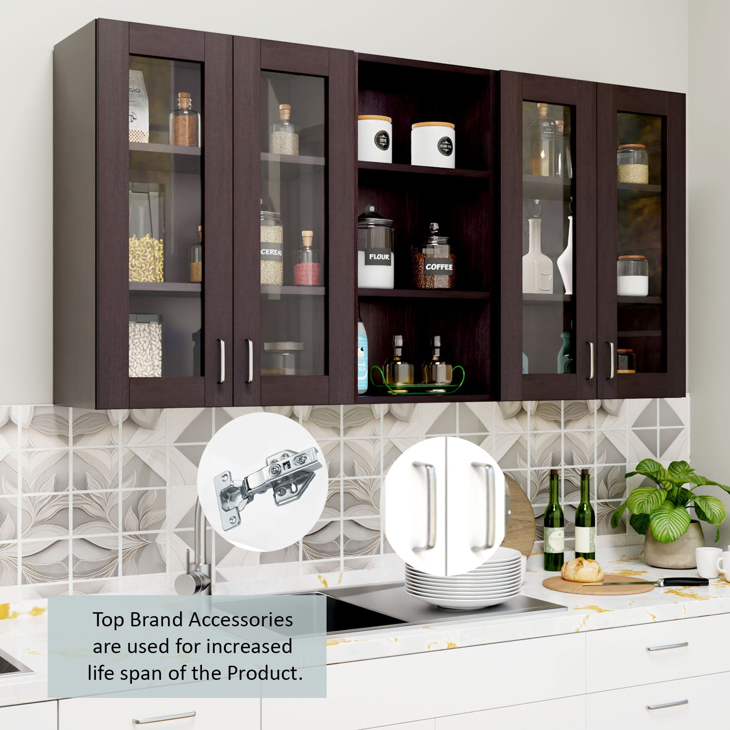 Multipurpose Wall Mounted Cabinet with 4 Doors kitchen cabinet VIKI FURNITURE 4 Doors with Open Shelf Wenge Glass Swinng