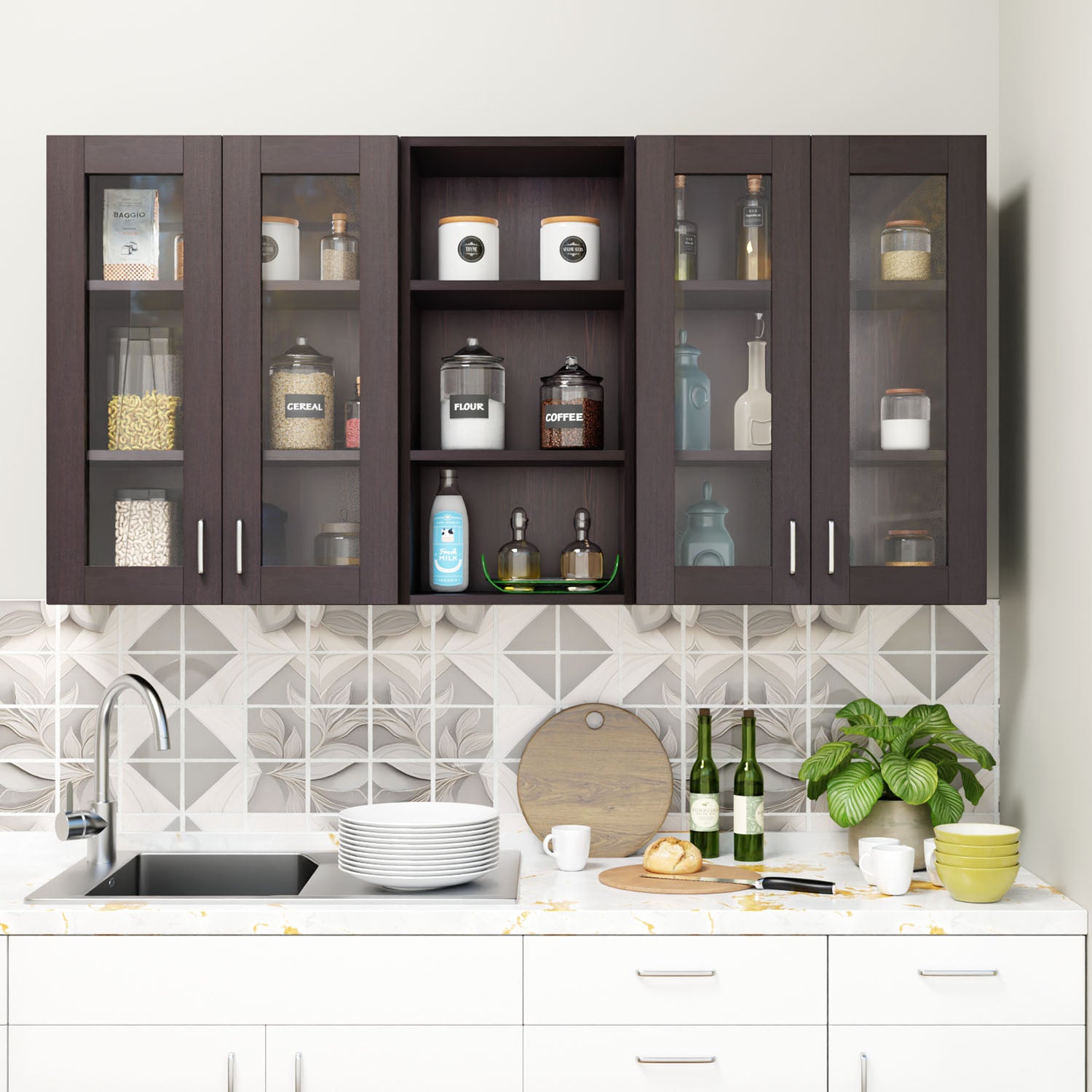 Multipurpose Wall Mounted Cabinet with 4 Doors kitchen cabinet VIKI FURNITURE 4 Doors with Open Shelf (Medium) Wenge Glass Swinng