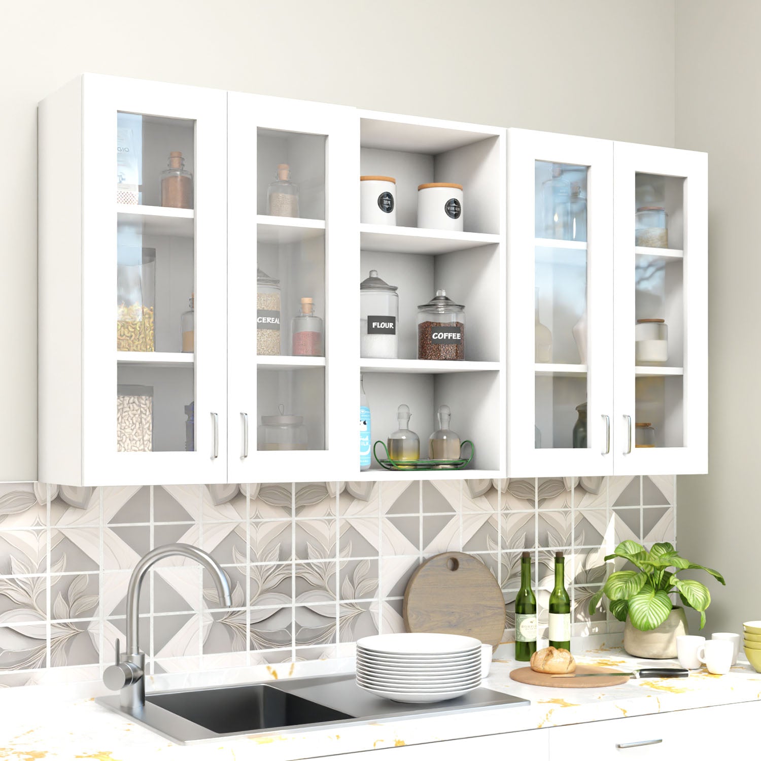Multipurpose Wall Mounted Cabinet with 4 Doors kitchen cabinet VIKI FURNITURE 4 Doors with Open Shelf White Glass Swinng