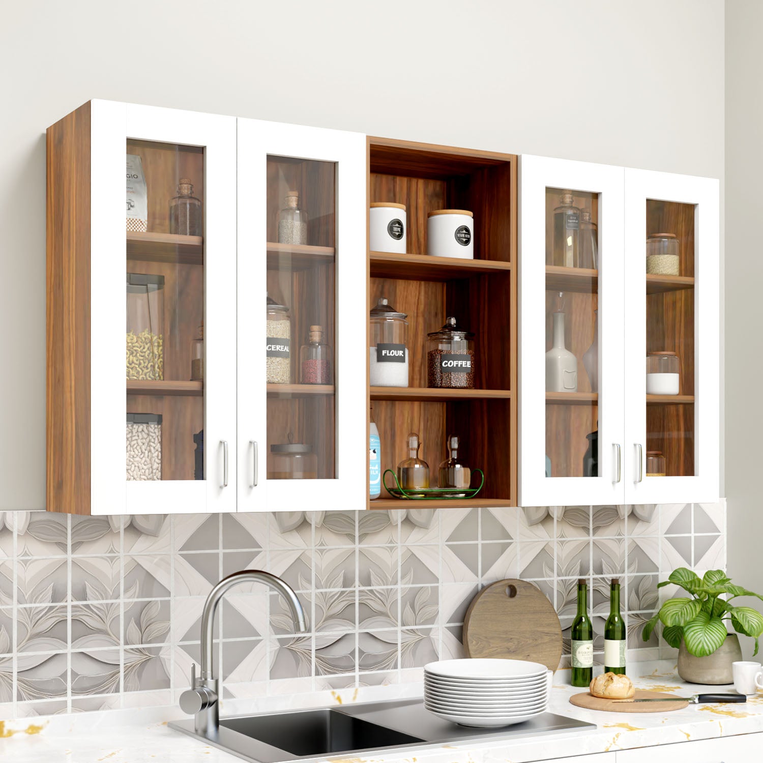 Traksha | Modular Kitchen | Wall Cabinet - 4 Glass Doors with Open Shelf kitchen cabinet VIKI FURNITURE White & Walnut