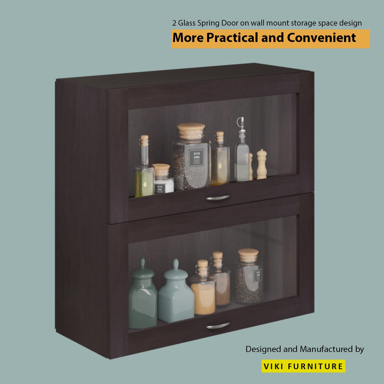 Multipurpose Wall Mounted Cabinet with Glass 2 Doors kitchen cabinet VIKI FURNITURE 2 Doors Wenge Hydrlic Gas Lift