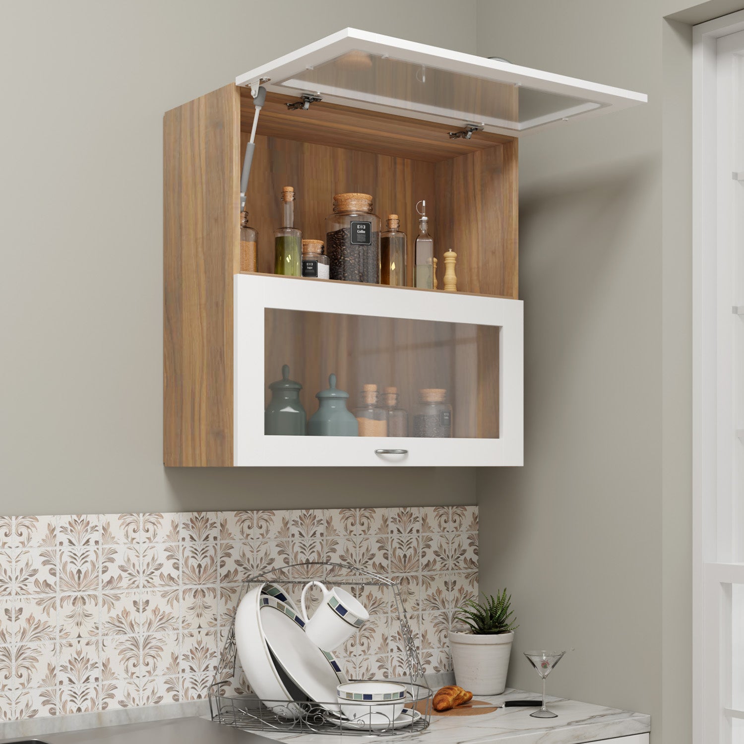 FlipUP | Modular Kitchen | Wall Cabinet - Spring 2 Doors kitchen cabinet VIKI FURNITURE White & Walnut