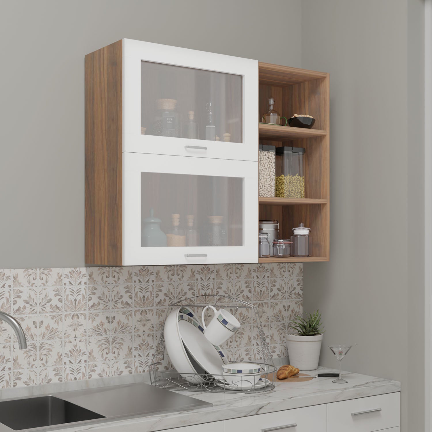 FlipUP | Modular Kitchen | Wall Cabinet - Spring 2 Doors with Open Shelf kitchen cabinet VIKI FURNITURE White & Walnut