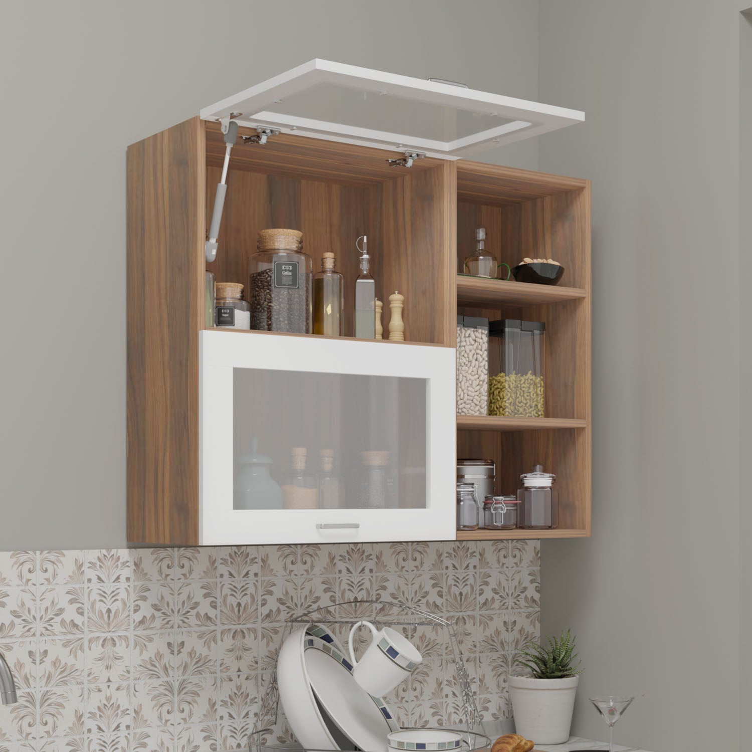 FlipUP | Modular Kitchen | Wall Cabinet - Spring 2 Doors with Open Shelf kitchen cabinet VIKI FURNITURE White & Walnut