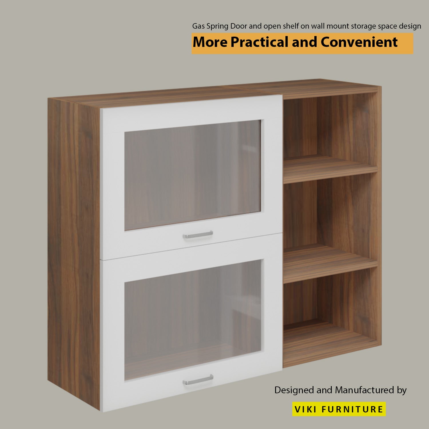 Multipurpose Wall Mounted Cabinet with Glass 2 Doors kitchen cabinet VIKI FURNITURE 2 Doors with Open Shelf White and Walnut Hydrlic Gas Lift