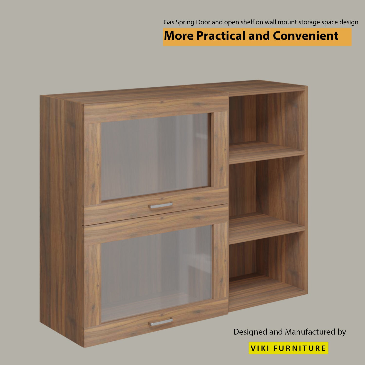 Multipurpose Wall Mounted Cabinet with Glass 2 Doors kitchen cabinet VIKI FURNITURE 2 Doors with Open Shelf Walnut Hydrlic Gas Lift