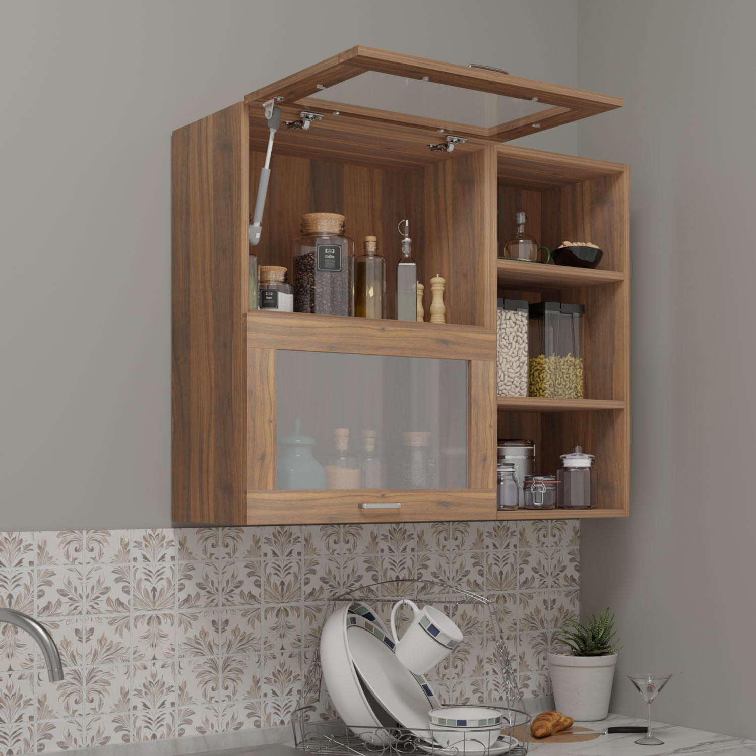 FlipUP | Modular Kitchen | Wall Cabinet - Spring 2 Doors with Open Shelf kitchen cabinet VIKI FURNITURE Walnut