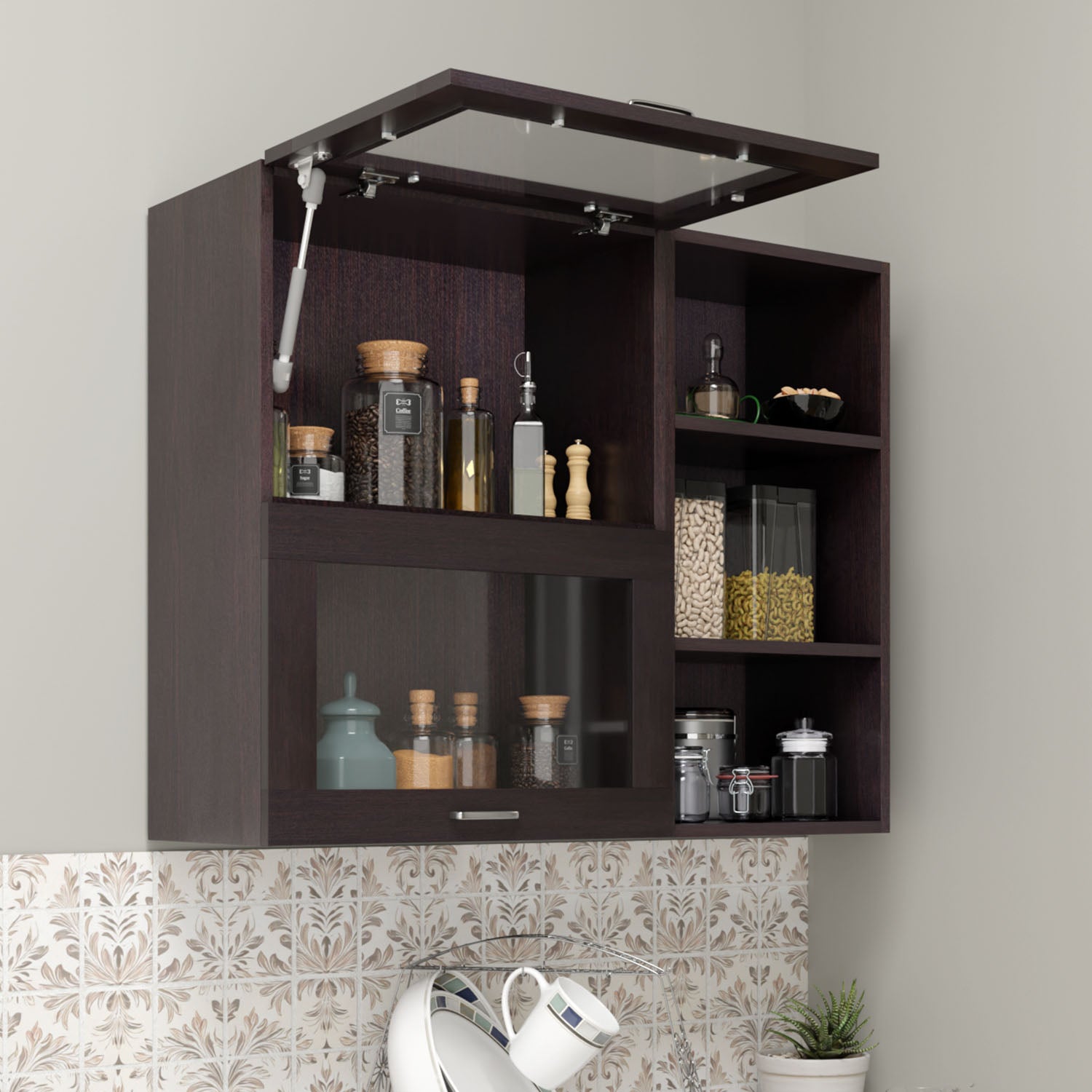 FlipUP | Modular Kitchen | Wall Cabinet - Spring 2 Doors with Open Shelf kitchen cabinet VIKI FURNITURE Wenge