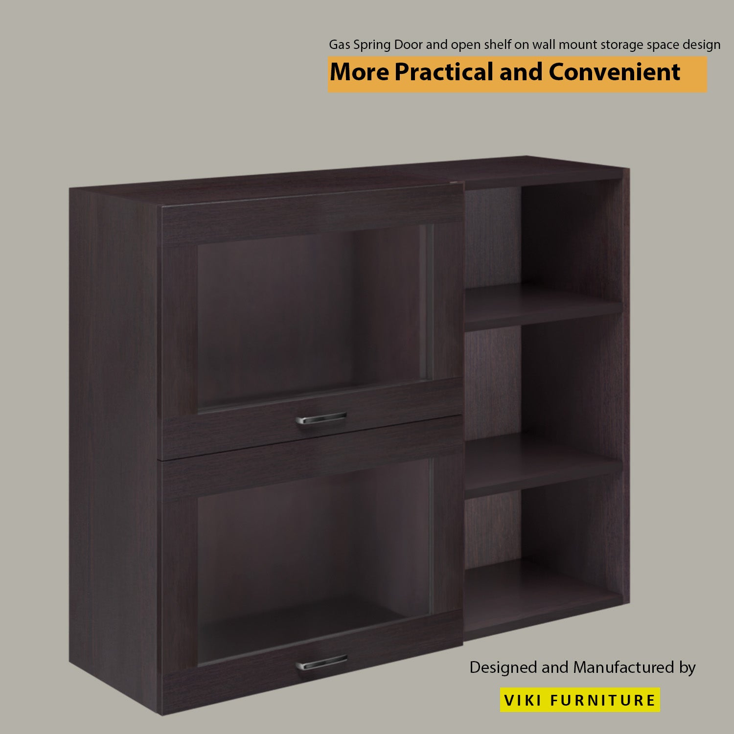 Multipurpose Wall Mounted Cabinet with Glass 2 Doors kitchen cabinet VIKI FURNITURE 2 Doors with Open Shelf Wenge Hydrlic Gas Lift