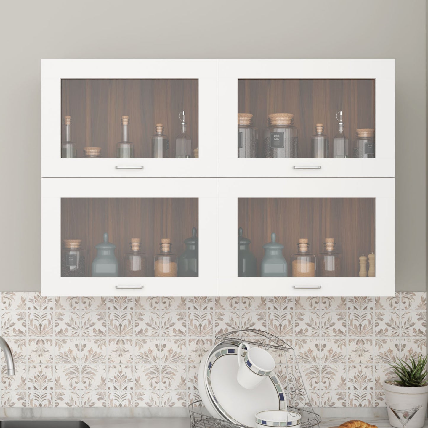 VIKI | Multipurpose Wall Mounted Cabinet with 4 Doors | Storage Solution for Kitchen, Bedroom, Office & Living Room kitchen cabinet VIKI FURNITURE 4 Doors White and Walnut Gas Spring Door