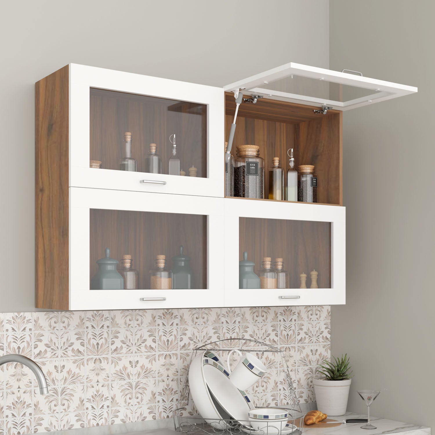 FlipUP | Modular Kitchen | Wall Cabinet - Spring 4 Doors kitchen cabinet VIKI FURNITURE White & Walnut