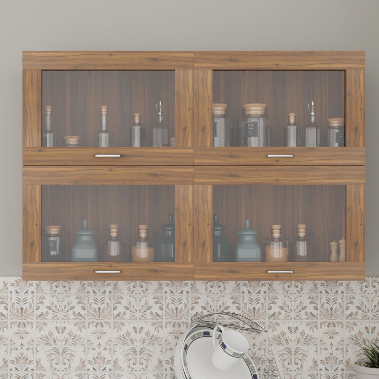 VIKI | Multipurpose Wall Mounted Cabinet with 4 Doors | Storage Solution for Kitchen, Bedroom, Office & Living Room kitchen cabinet VIKI FURNITURE 4 Doors Walnut Gas Spring Door