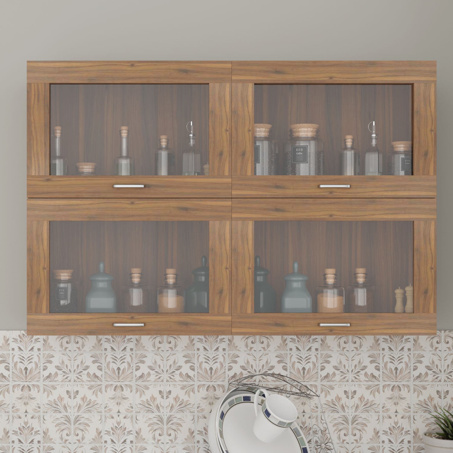 Multipurpose Wall Mounted Cabinet with 4 Doors kitchen cabinet VIKI FURNITURE 4 Doors Walnut Gas Spring Door