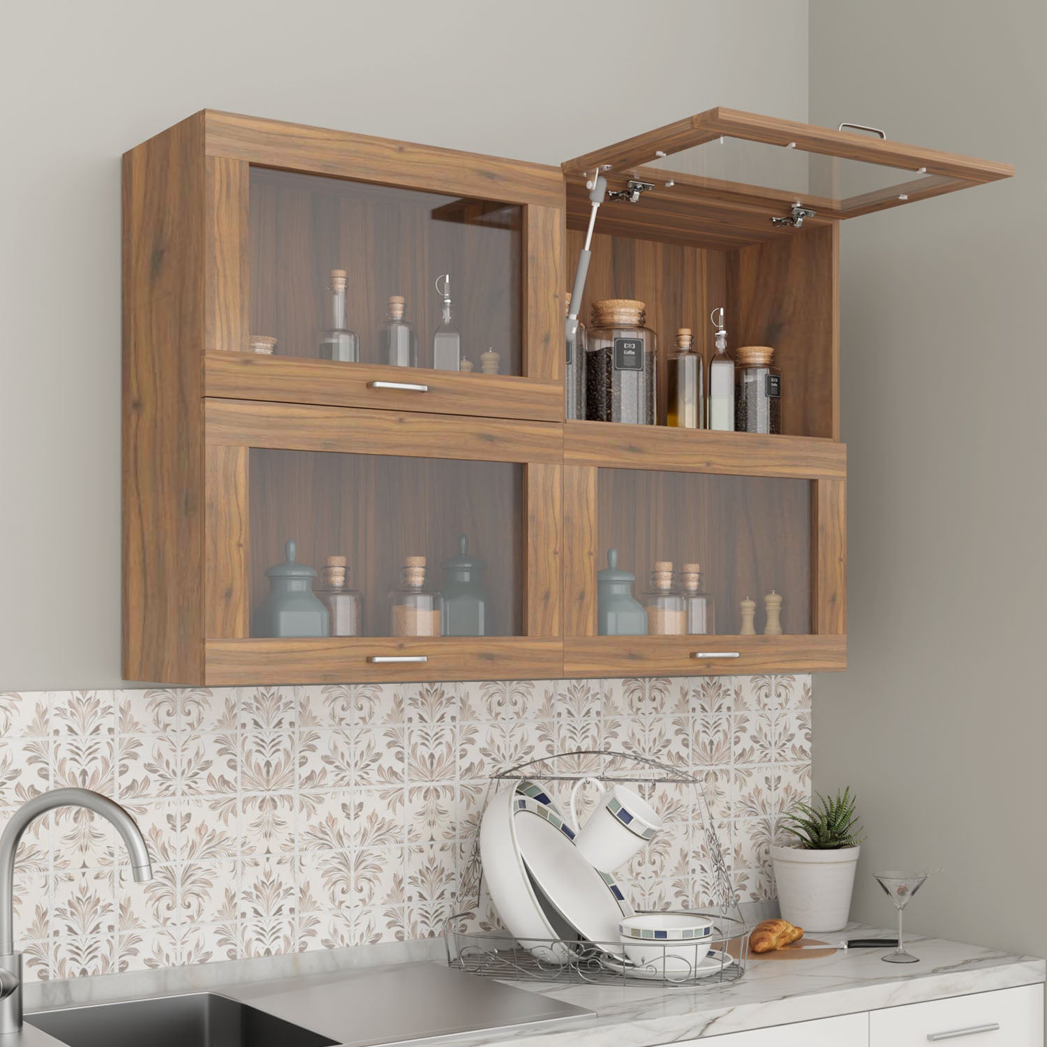 FlipUP | Modular Kitchen | Wall Cabinet - Spring 4 Doors kitchen cabinet VIKI FURNITURE Walnut