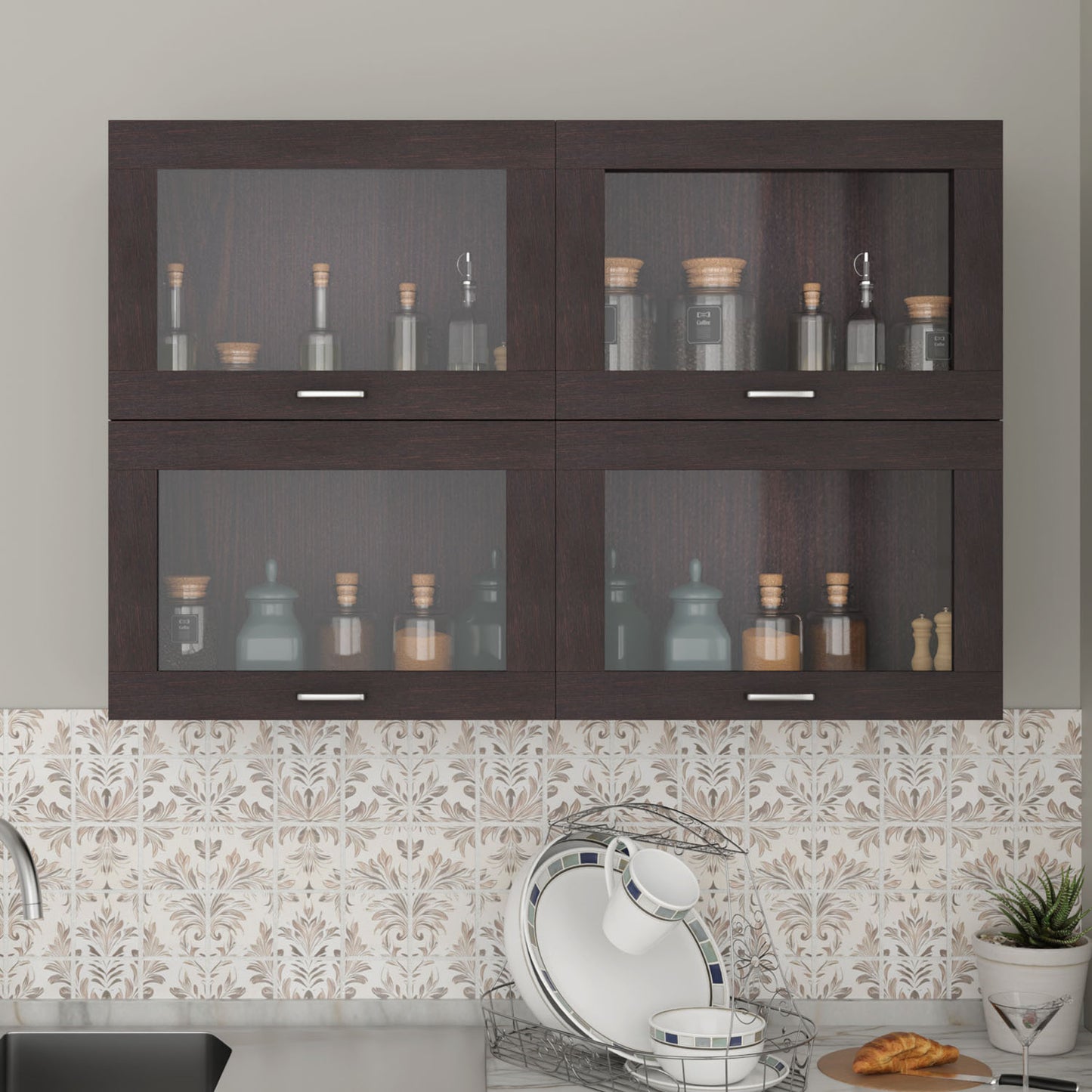 VIKI | Multipurpose Wall Mounted Cabinet with 4 Doors | Storage Solution for Kitchen, Bedroom, Office & Living Room kitchen cabinet VIKI FURNITURE 4 Doors Wenge Gas Spring Door