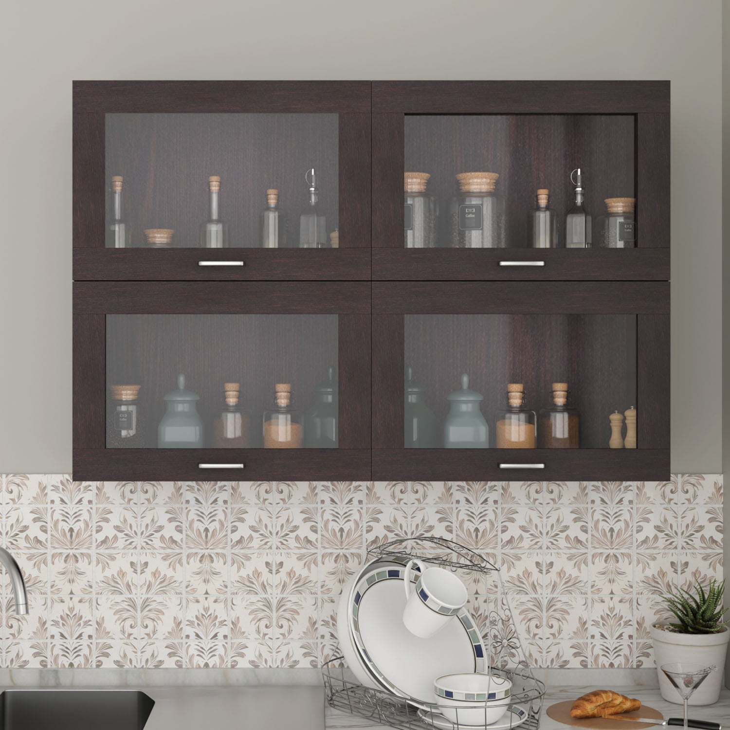 Multipurpose Wall Mounted Cabinet with 4 Doors kitchen cabinet VIKI FURNITURE 4 Doors Wenge Gas Spring Door