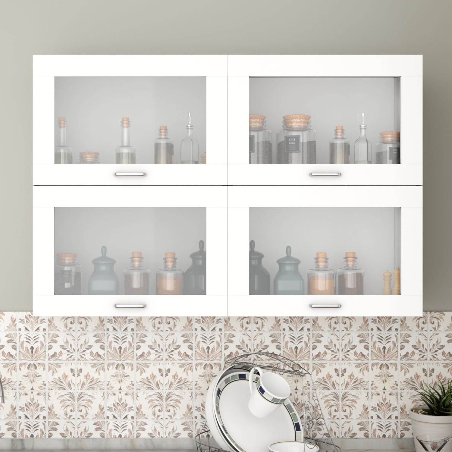 Multipurpose Wall Mounted Cabinet with 4 Doors kitchen cabinet VIKI FURNITURE 4 Doors White Gas Spring Door