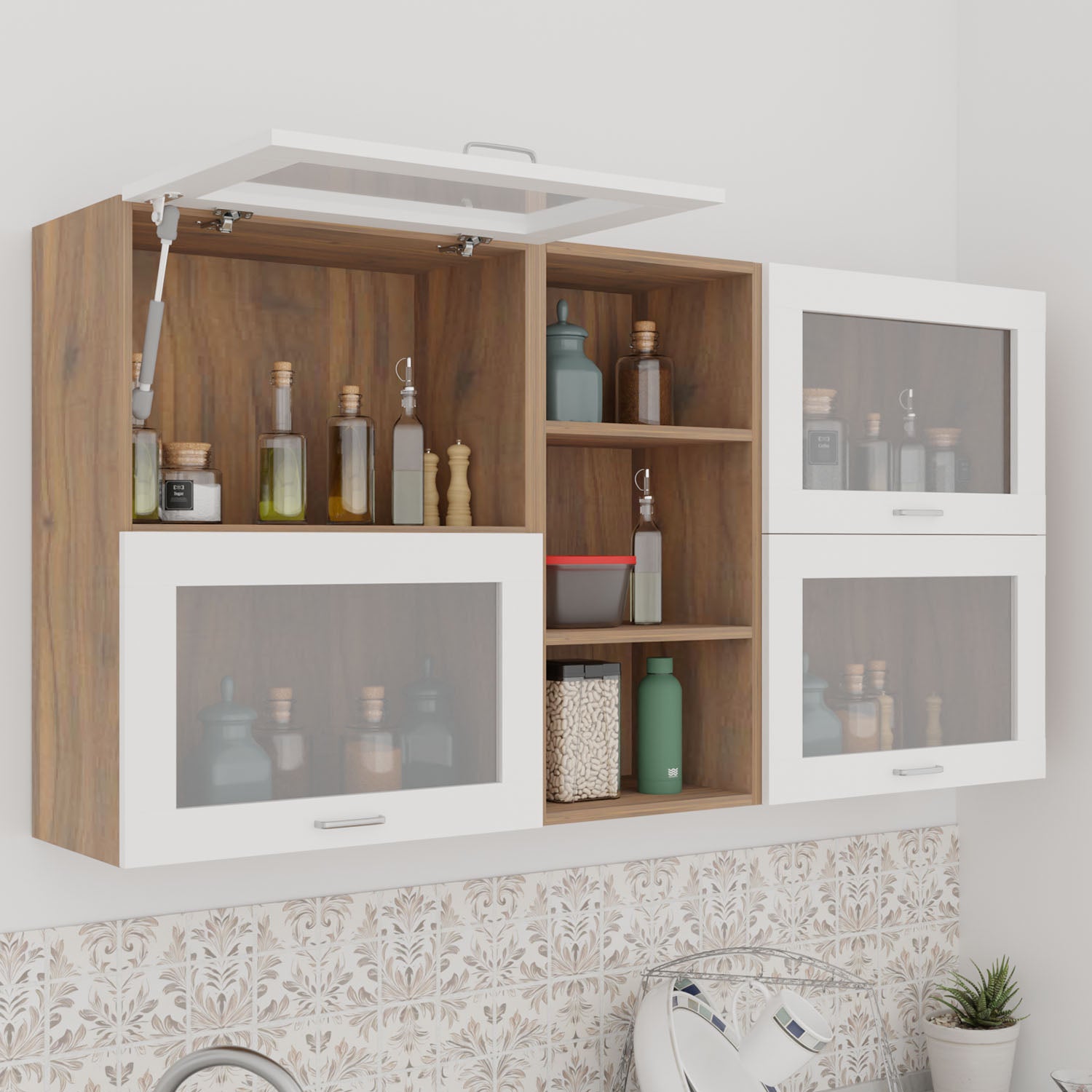 FlipUP | Modular Kitchen | Wall Cabinet - Spring 4 Doors with Open Shelf kitchen cabinet VIKI FURNITURE White & Walnut