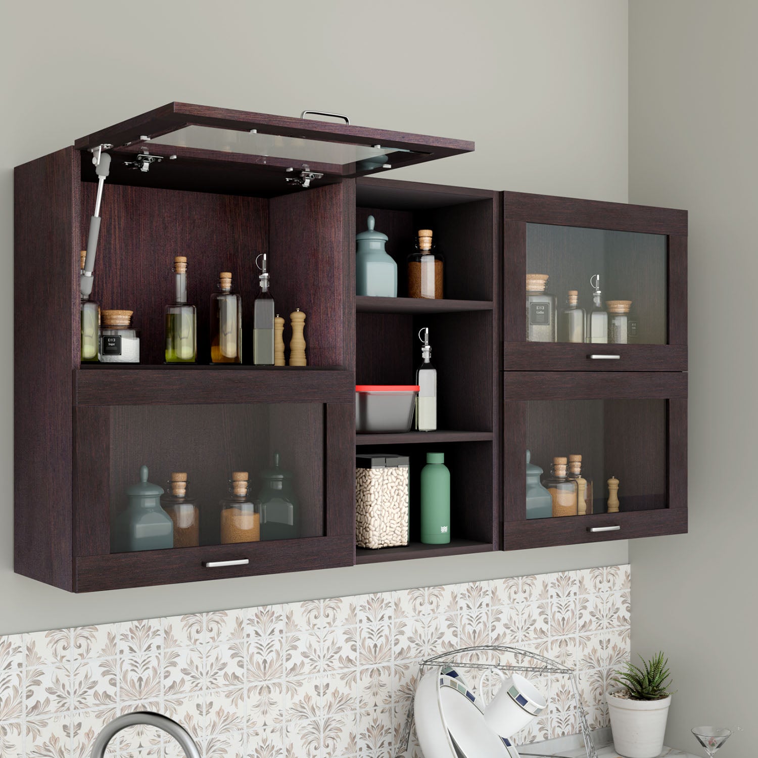 FlipUP | Modular Kitchen | Wall Cabinet - Spring 4 Doors with Open Shelf kitchen cabinet VIKI FURNITURE Wenge