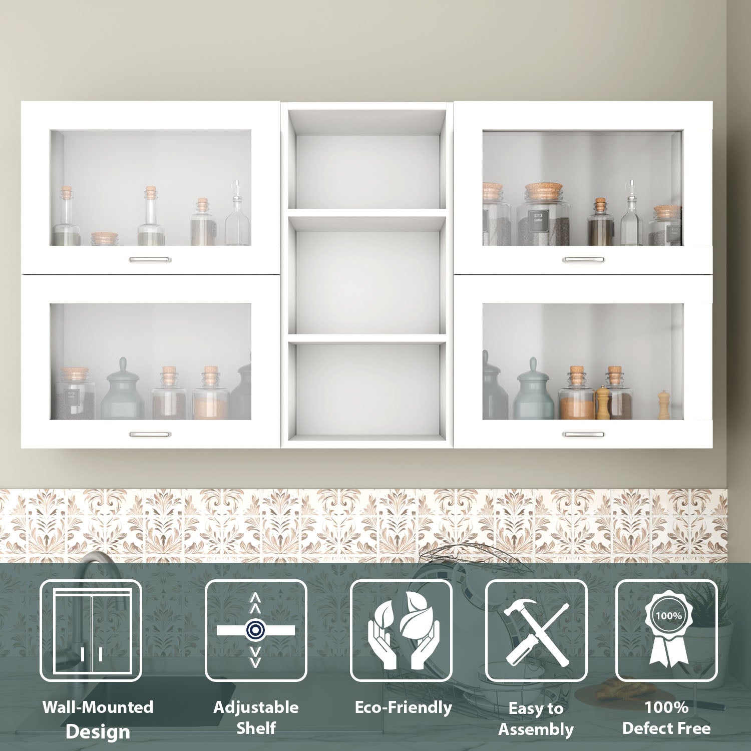 FlipUP | Modular Kitchen | Wall Cabinet - Spring 4 Doors with Open Shelf kitchen cabinet VIKI FURNITURE