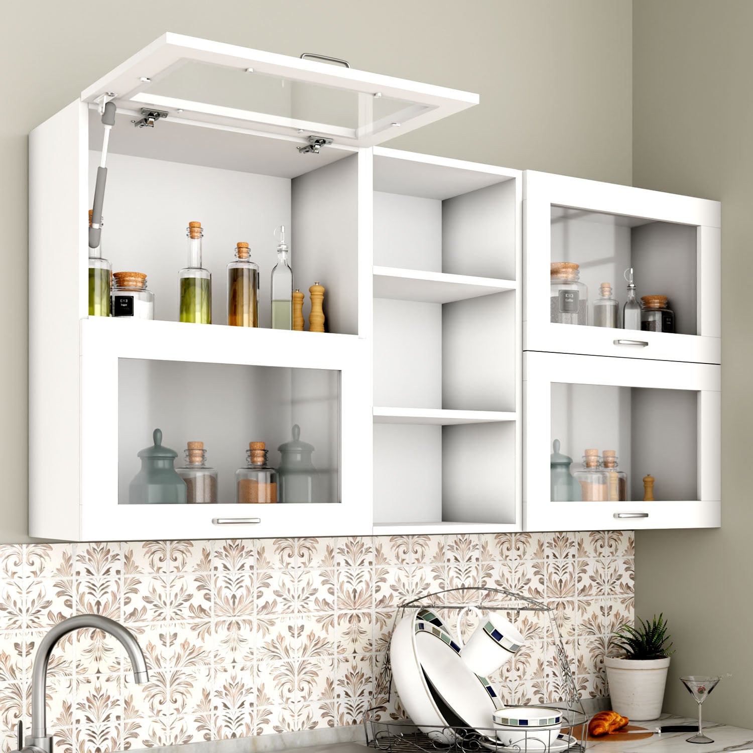 FlipUP | Modular Kitchen | Wall Cabinet - Spring 4 Doors with Open Shelf kitchen cabinet VIKI FURNITURE White