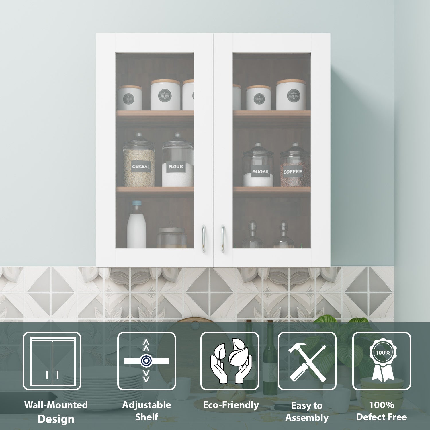 Traksha | Modular Kitchen | Wall Cabinet - 2 Glass Doors kitchen cabinet VIKI FURNITURE White