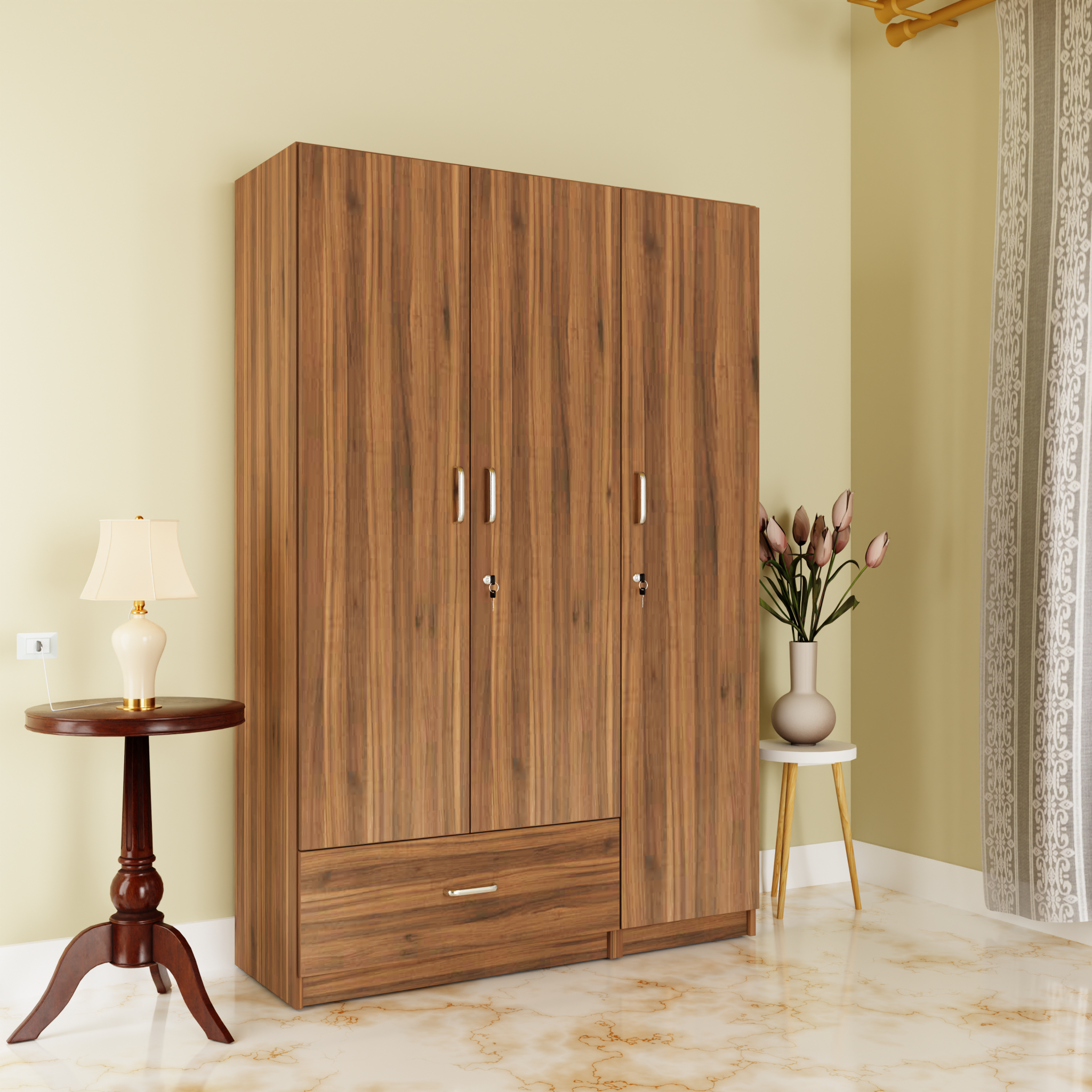 VIKI | Almirah for 3 Door Wardrobe with 1 Drawer & Hanging Space( 40D x 120W x 180.8H) Wardrobes VIKI FURNITURE Walnut