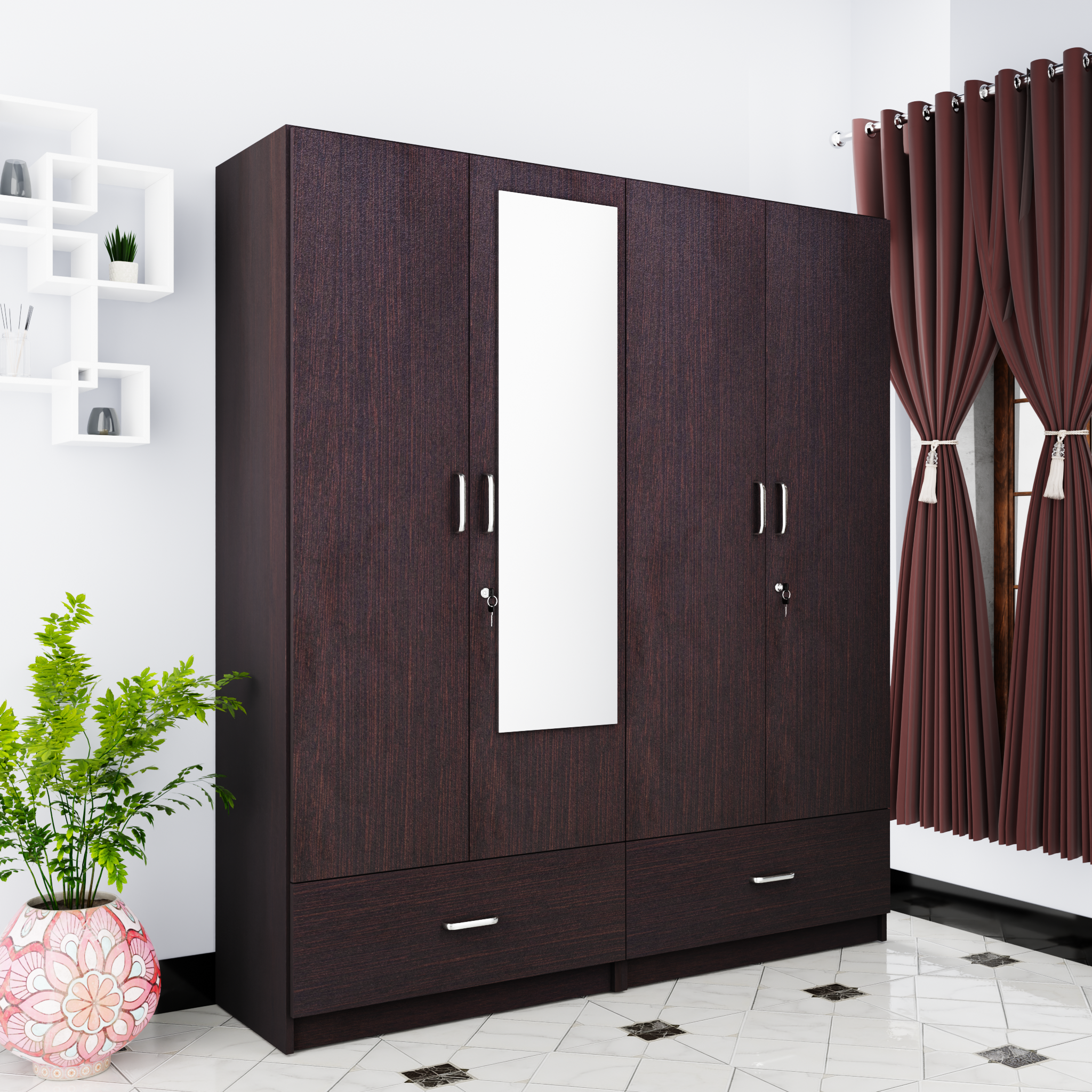 VIKI | Almirah for 4 Door Wardrobe with 2 Split Drawer & Hanging Space with Mirror (40D x 160W x 180.8H) Wardrobes VIKI FURNITURE