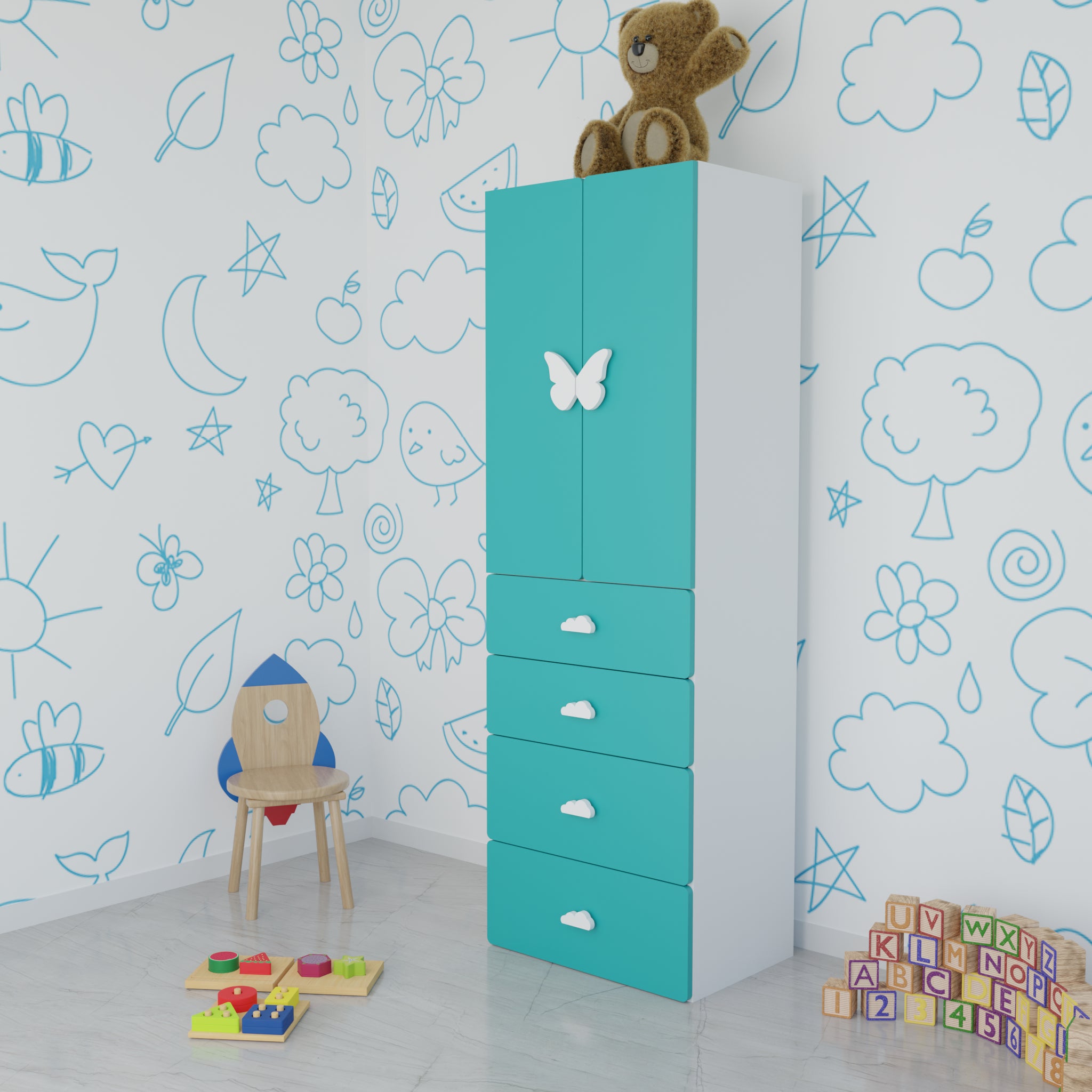 LittleCloud | Almirah with 2 Doors, 4 Drawer Unit, Hanger Space Kids Wardrobes VIKI FURNITURE