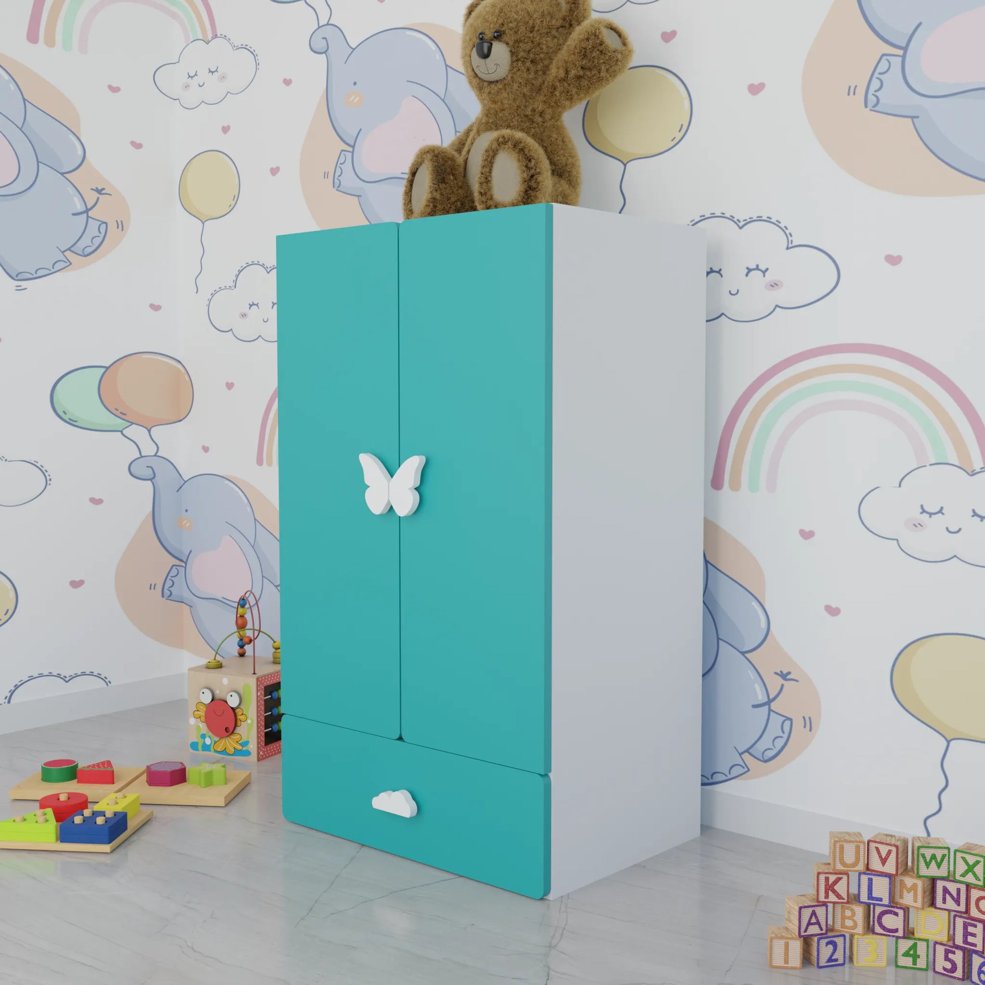 LittleCloud | Almirah with 2 Doors, Drawer Unit, Hanger Space Kids Wardrobes VIKI FURNITURE